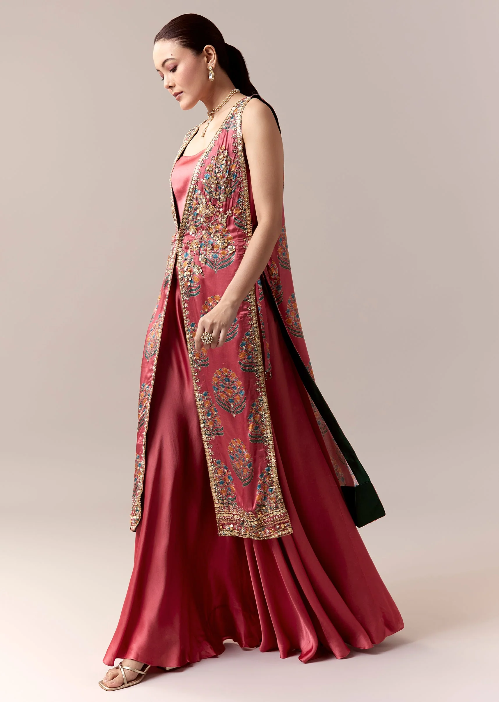 Pink Palazzo Suit With Printed Sequins Work Jacket - Image 3