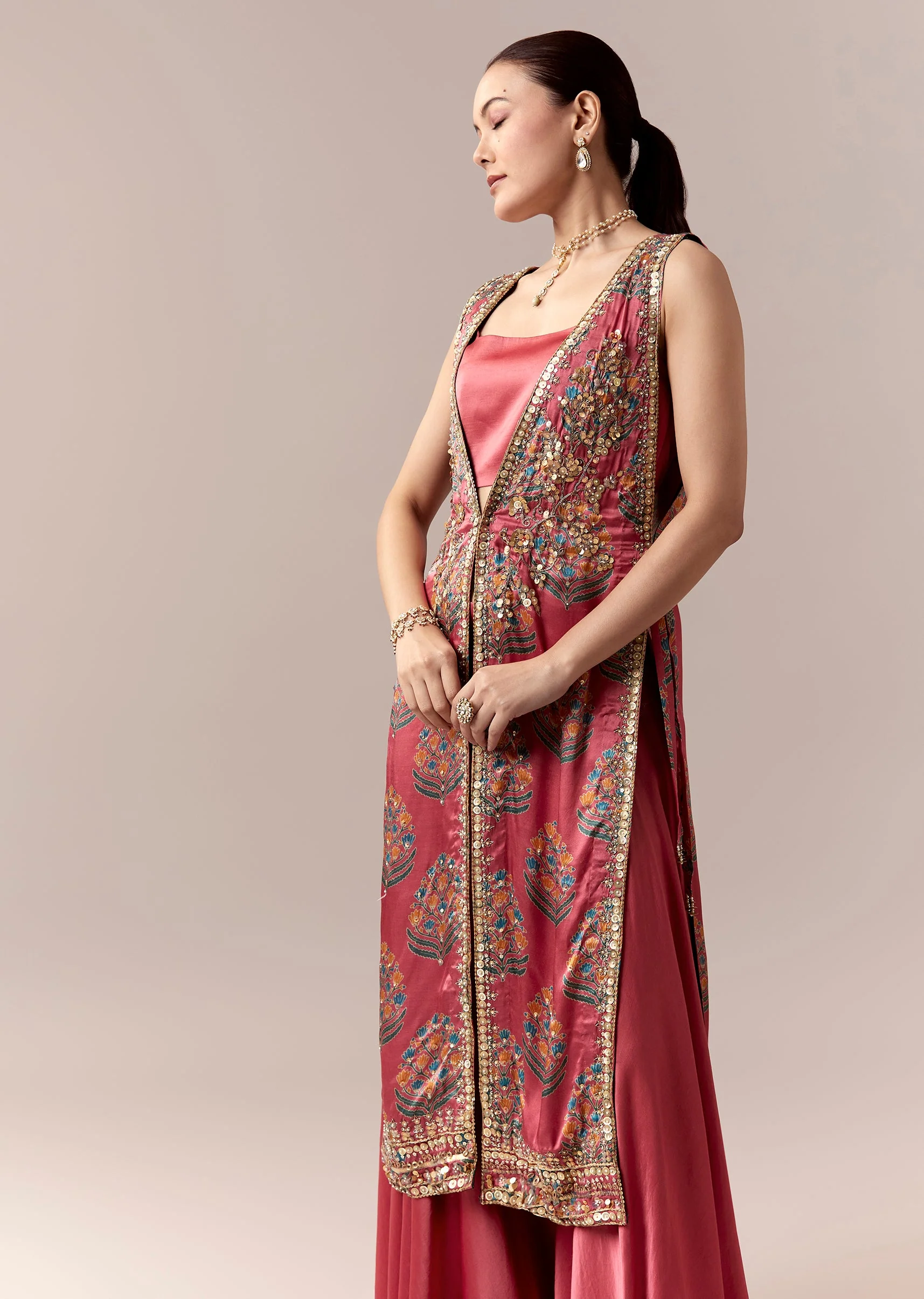 Pink Palazzo Suit With Printed Sequins Work Jacket - Image 4