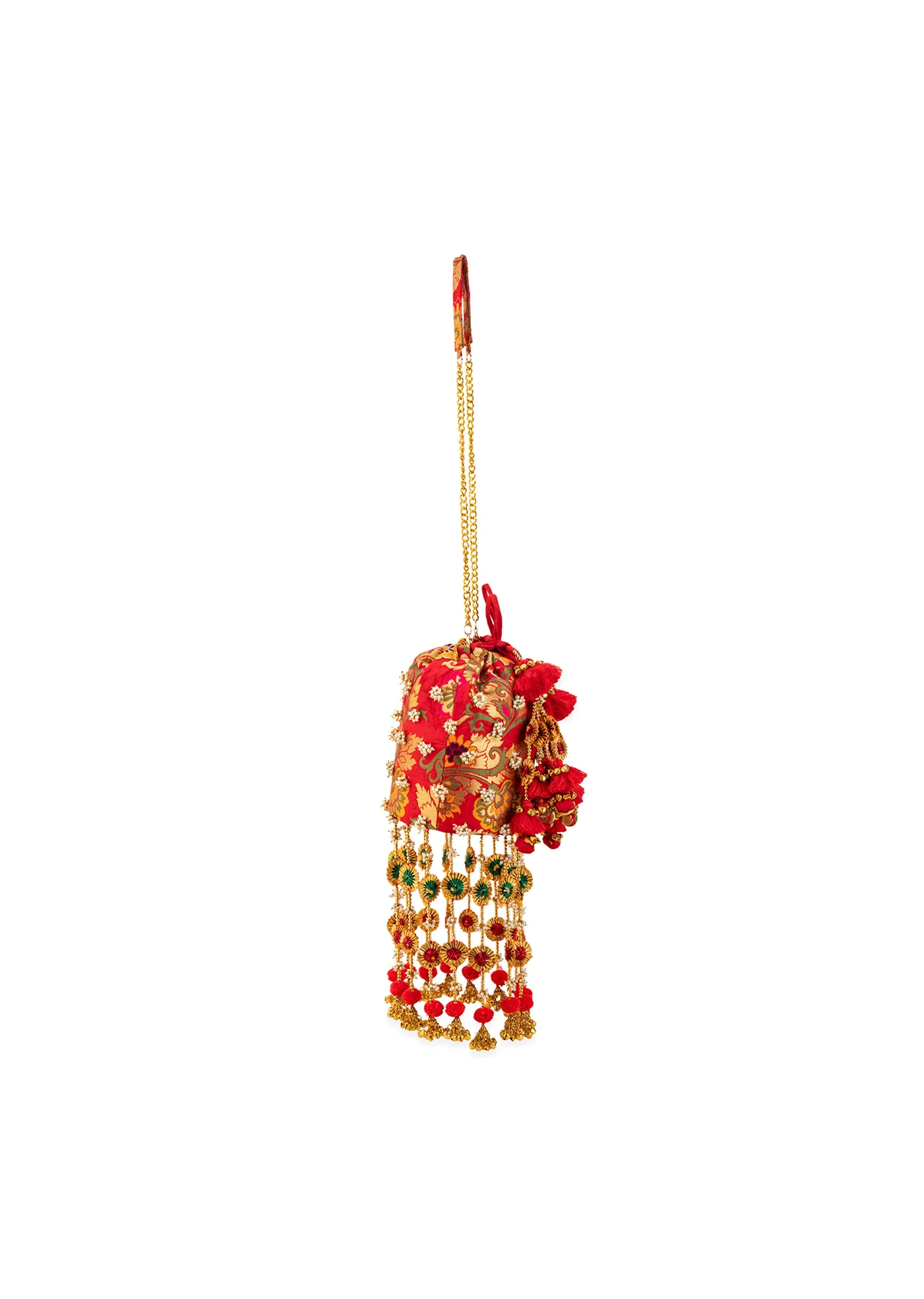 Pink Pearl Embellished Pom Pom Tassel Potli Bag - Image 5