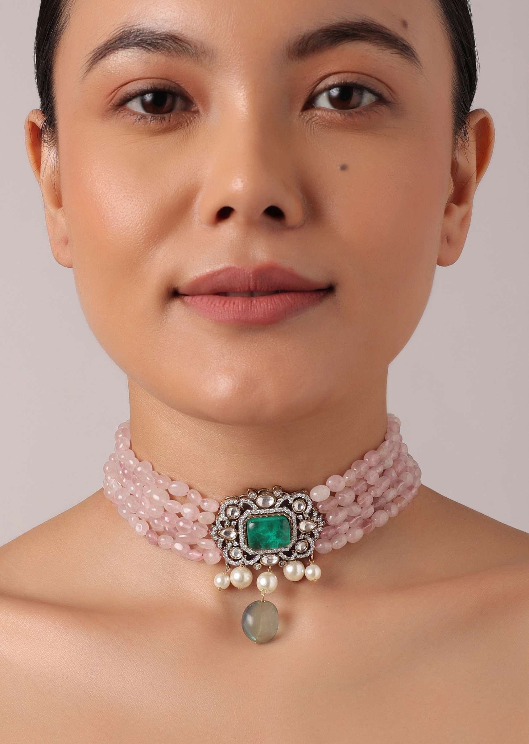 Pink Polki Kundan Choker Set With Stone Drops - Image 2