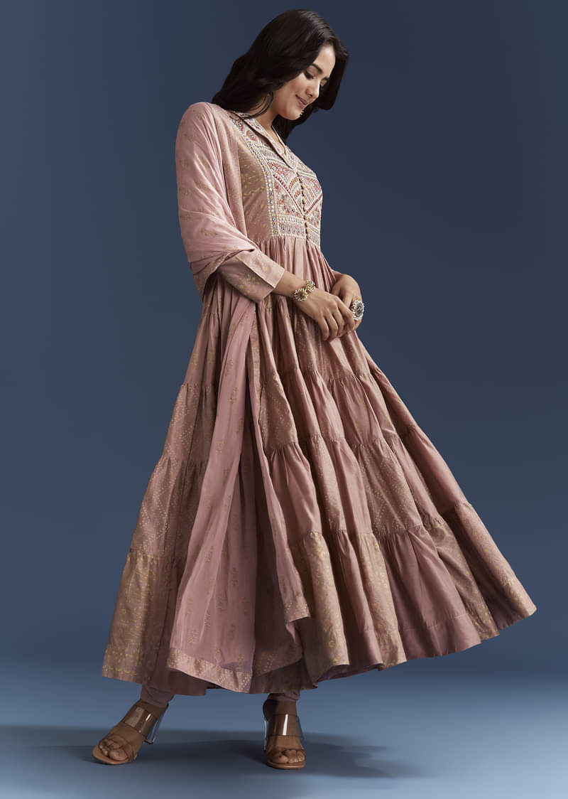 Pink Printed Chanderi Anarkali Set With Thread Work - Image 3