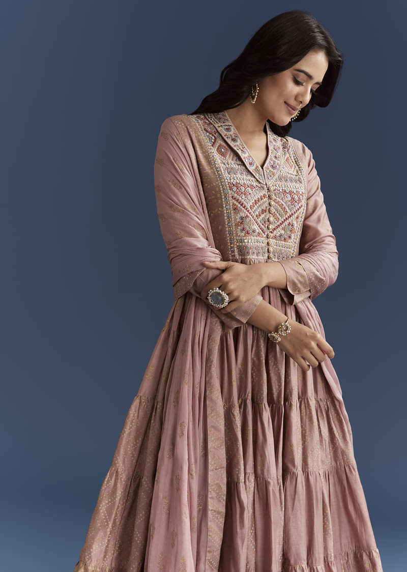 Pink Printed Chanderi Anarkali Set With Thread Work - Image 4
