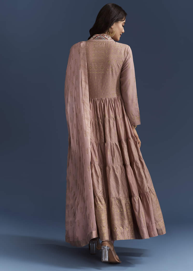 Pink Printed Chanderi Anarkali Set With Thread Work - Image 5