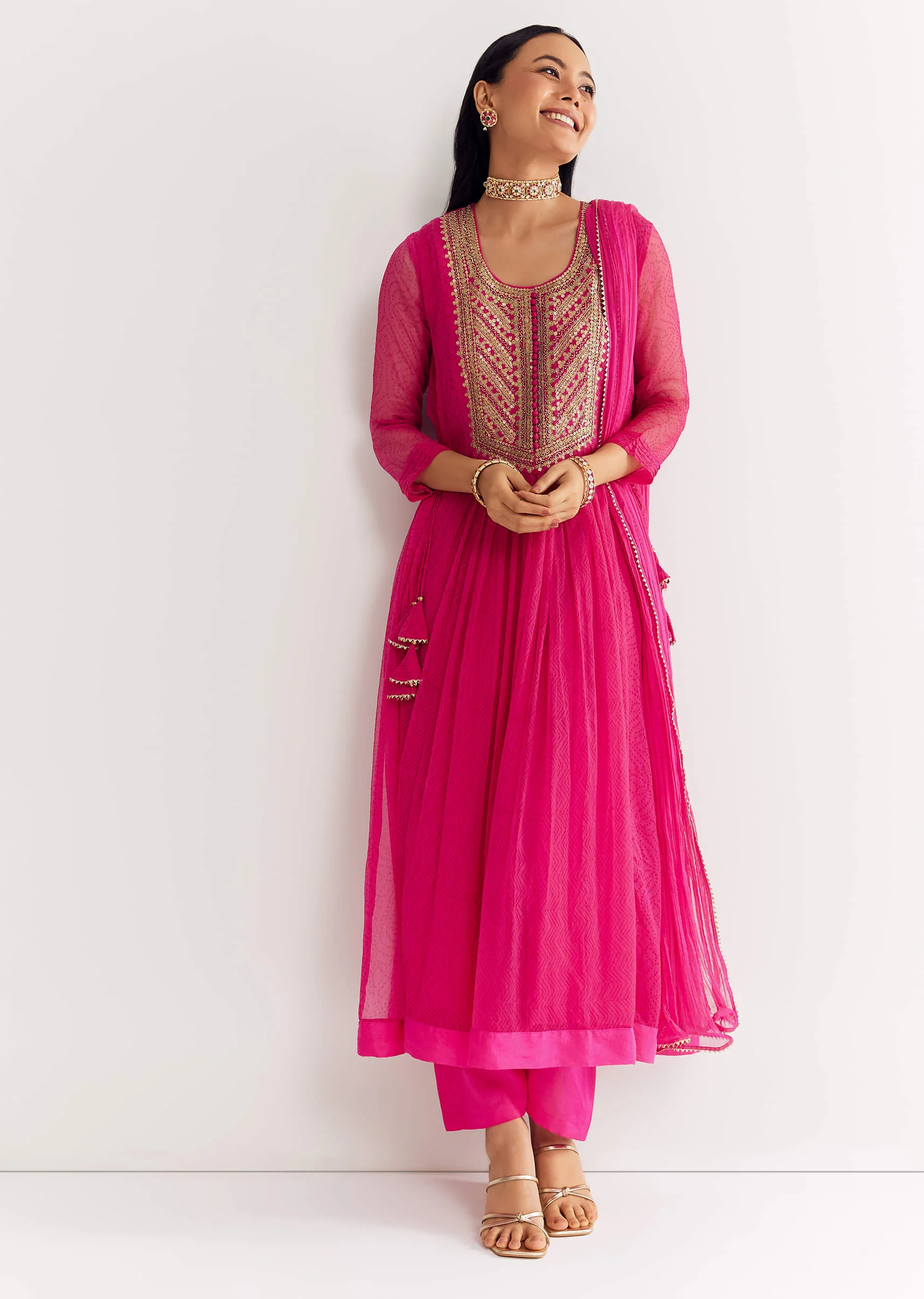 Pink Printed Chiffon Sequin Kurta Set With Dupatta - Image 2