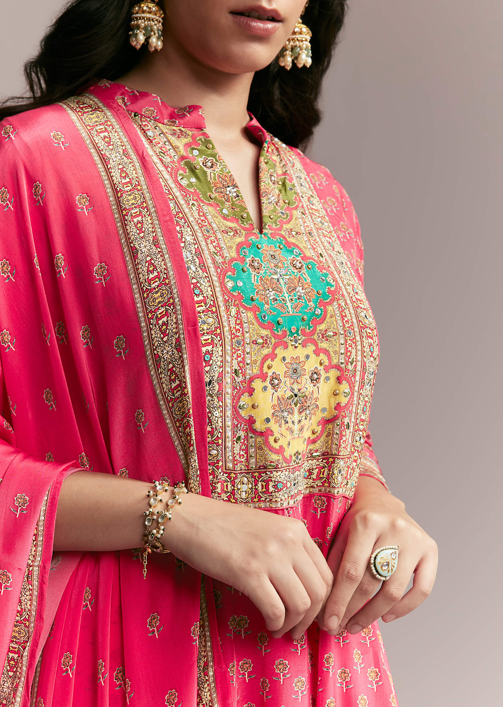 Pink Printed Crepe Anarkali Set - Image 2