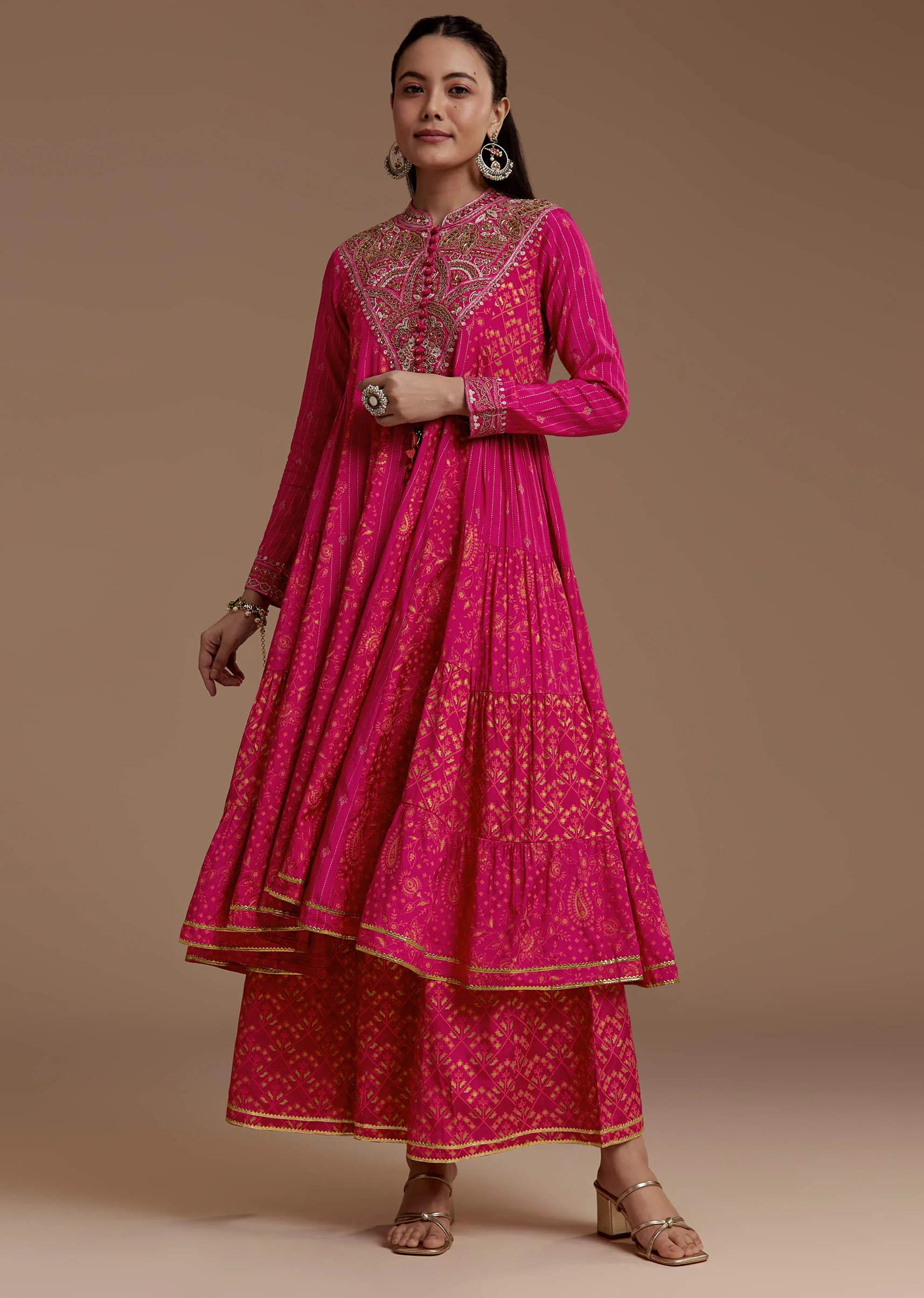 Pink Printed Flared Kurta and Palazzo Set - Image 3
