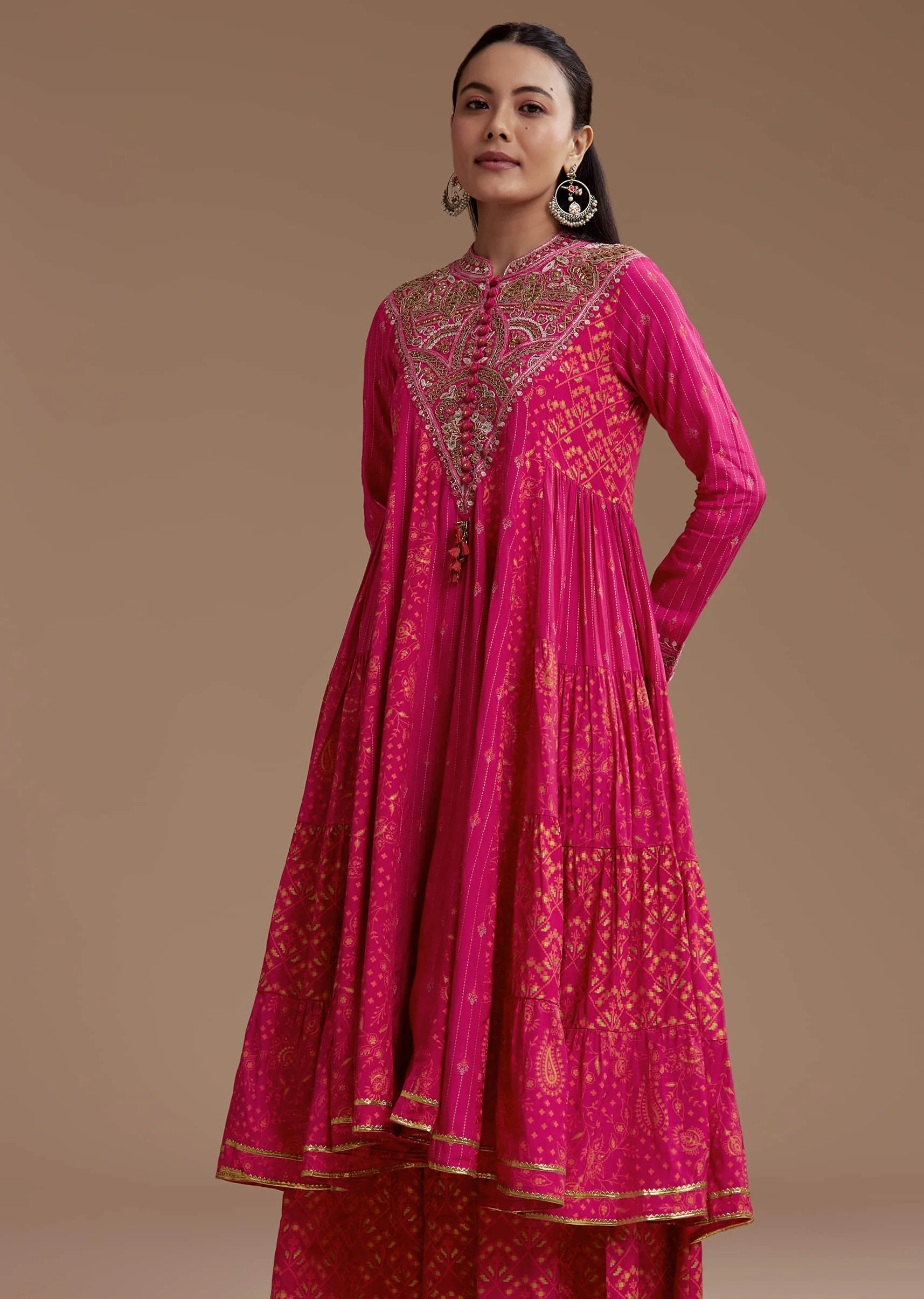 Pink Printed Flared Kurta and Palazzo Set - Image 4