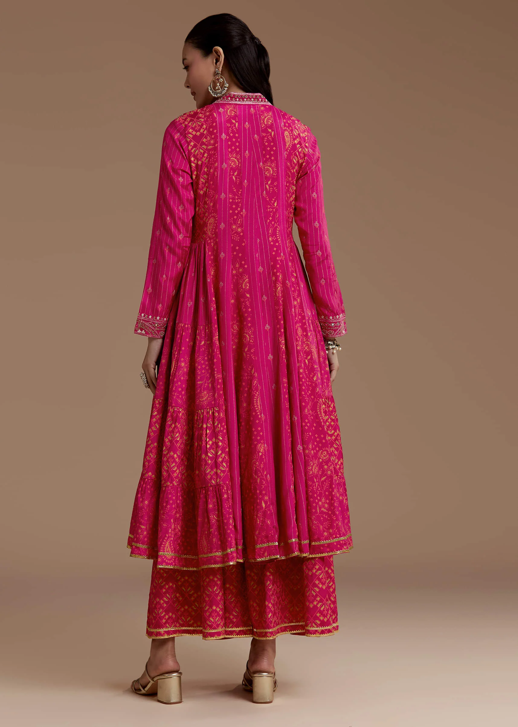 Pink Printed Flared Kurta and Palazzo Set - Image 5