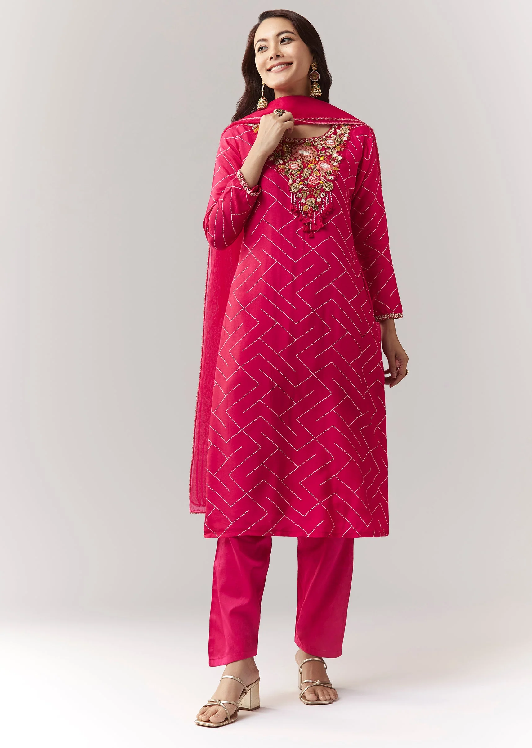 Pink Printed Kurta Pant Set With Embroidered Yoke And Dupatta