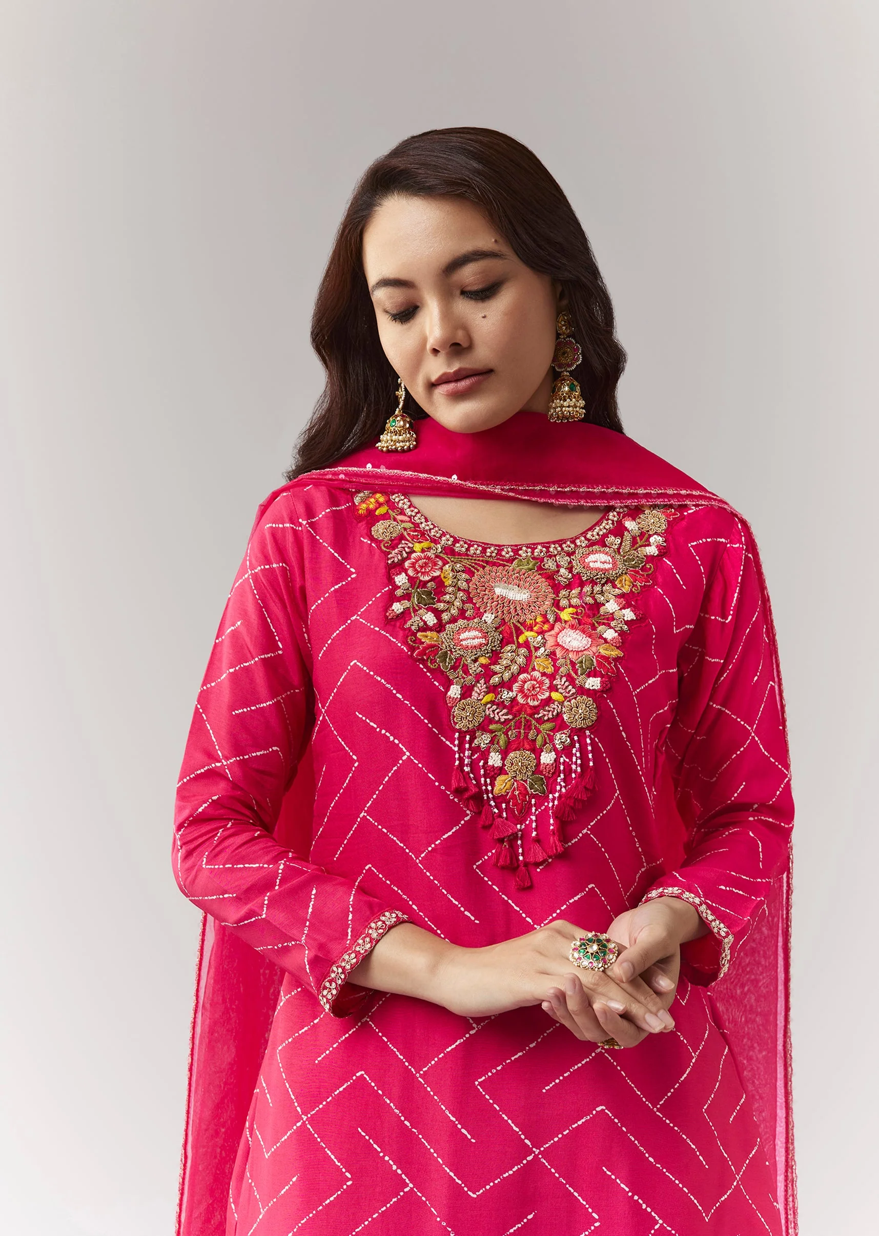 Pink Printed Kurta Pant Set With Embroidered Yoke And Dupatta - Image 2