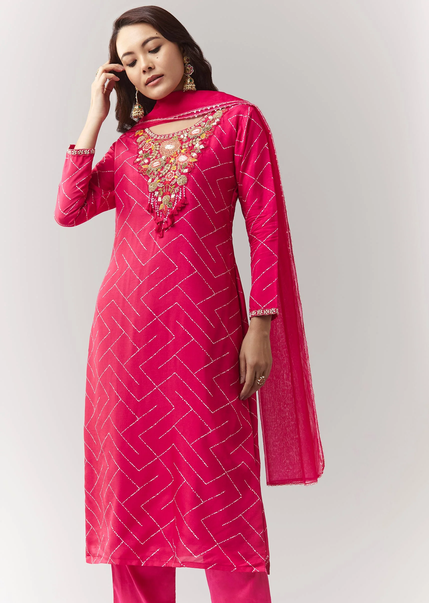 Pink Printed Kurta Pant Set With Embroidered Yoke And Dupatta - Image 4