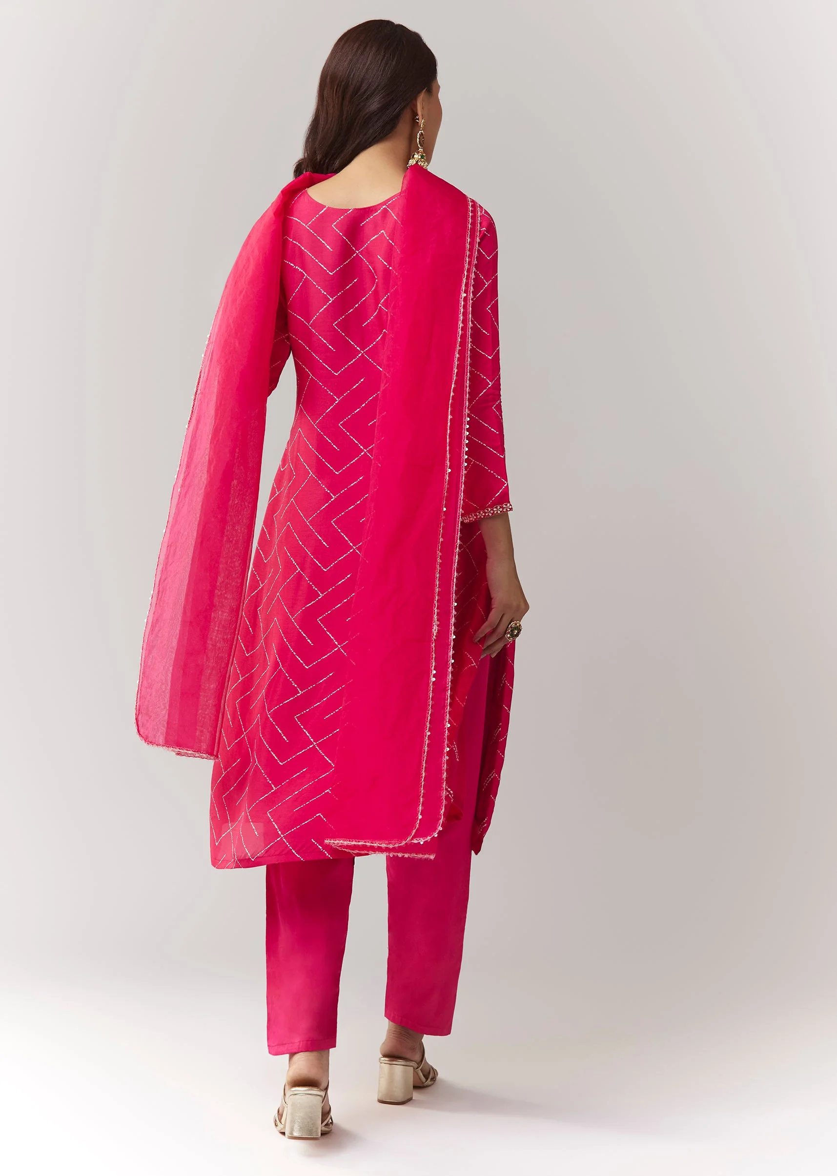 Pink Printed Kurta Pant Set With Embroidered Yoke And Dupatta - Image 5