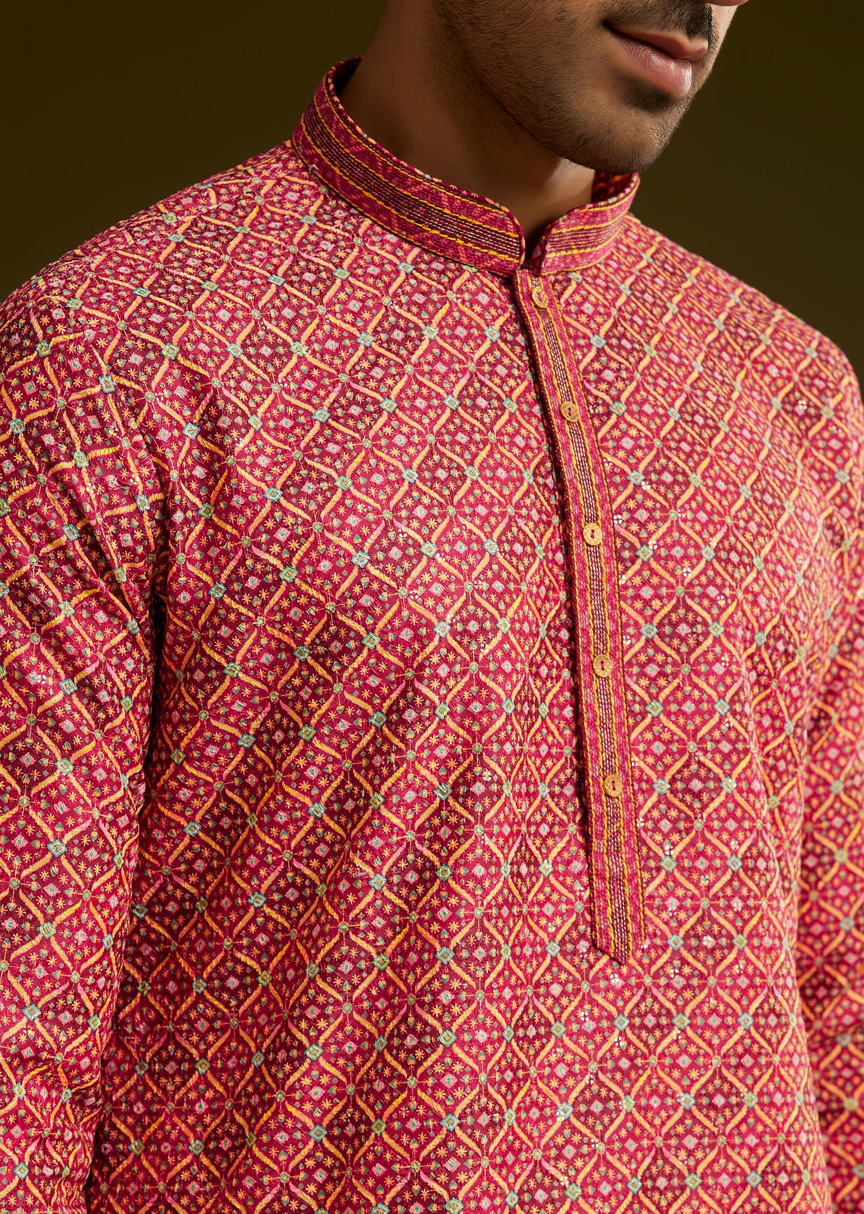 Pink Printed Kurta Set In Silk - Image 2