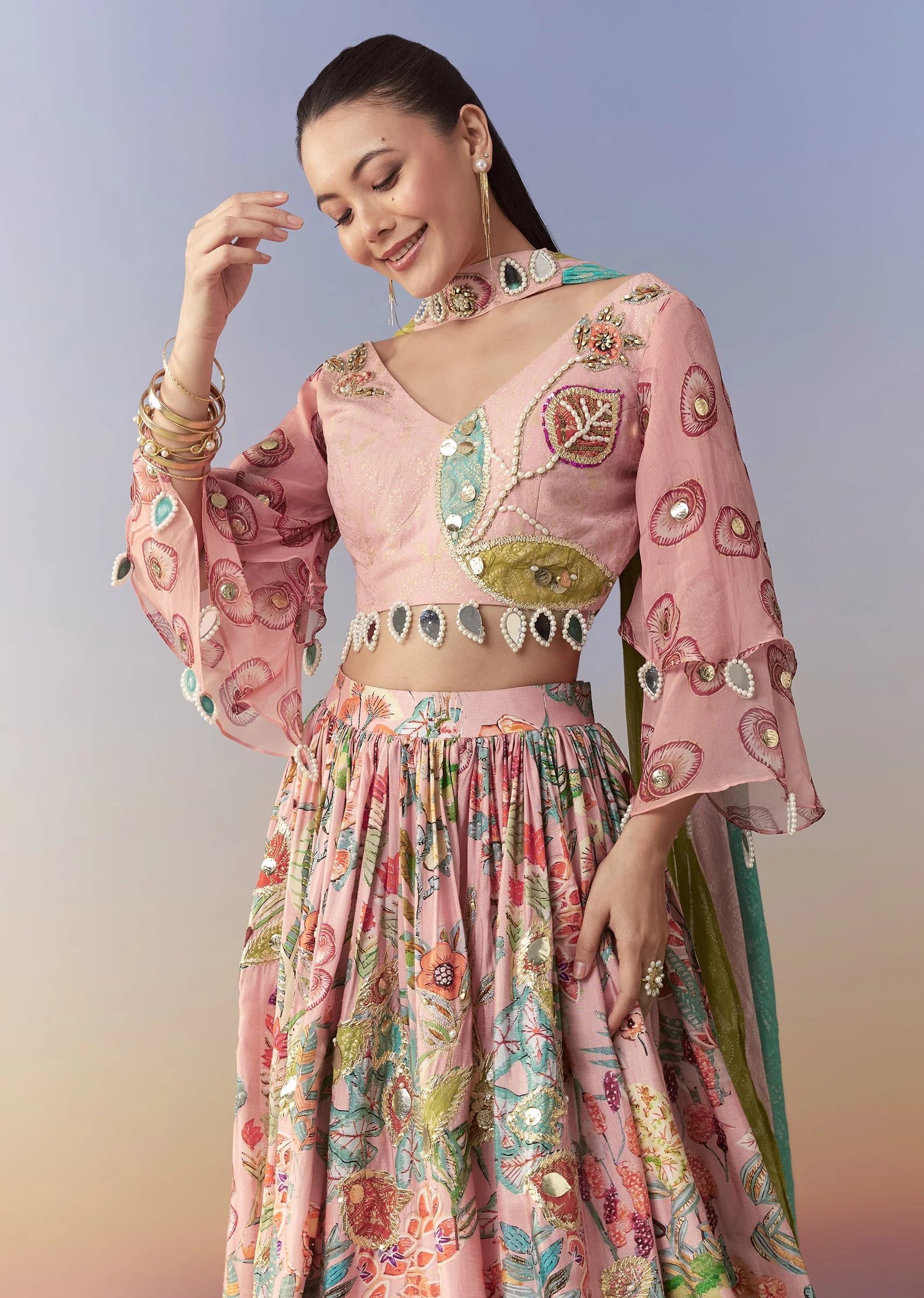 Pink Printed Lehenga Set with Gotta Lace - Image 4