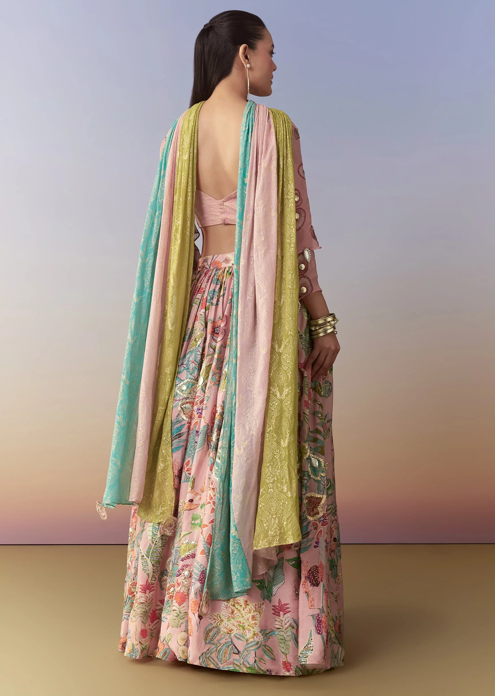 Pink Printed Lehenga Set with Gotta Lace - Image 5