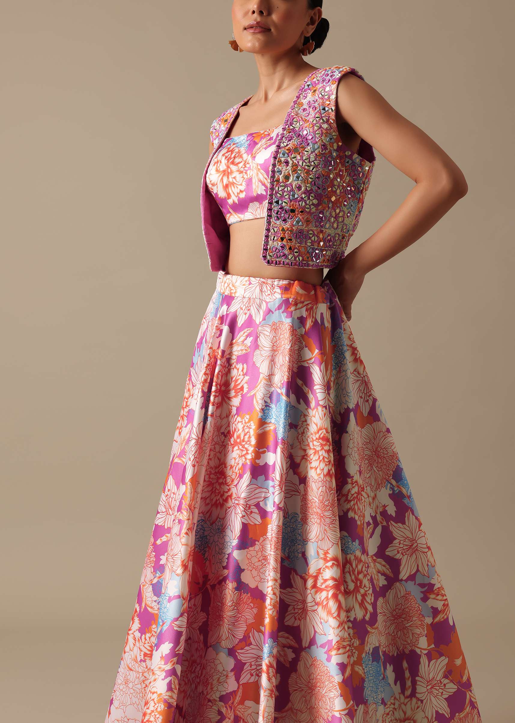 Pink Printed Lehenga Set with Mirror Embroidered Jacket - Image 2