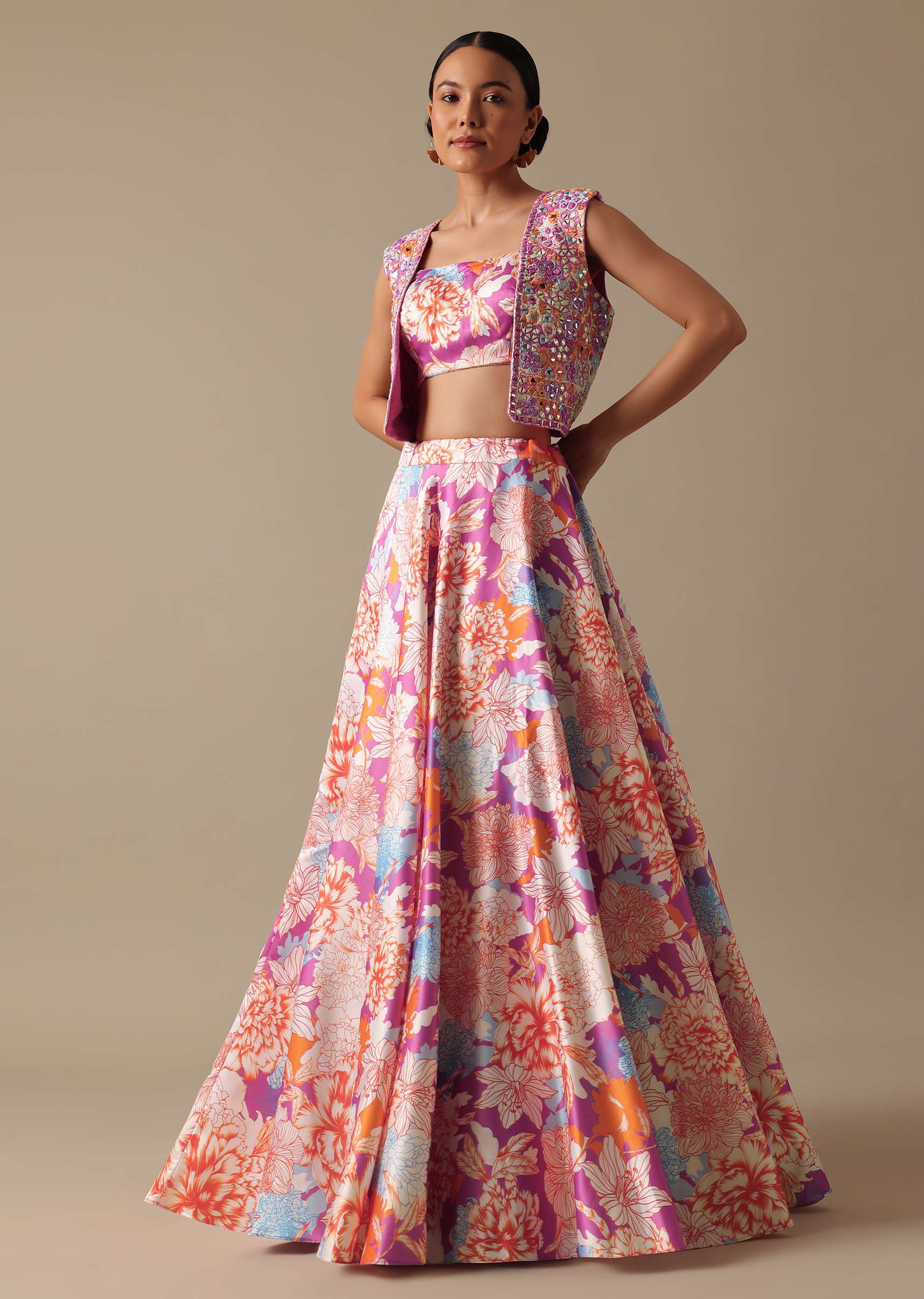 Pink Printed Lehenga Set with Mirror Embroidered Jacket - Image 3