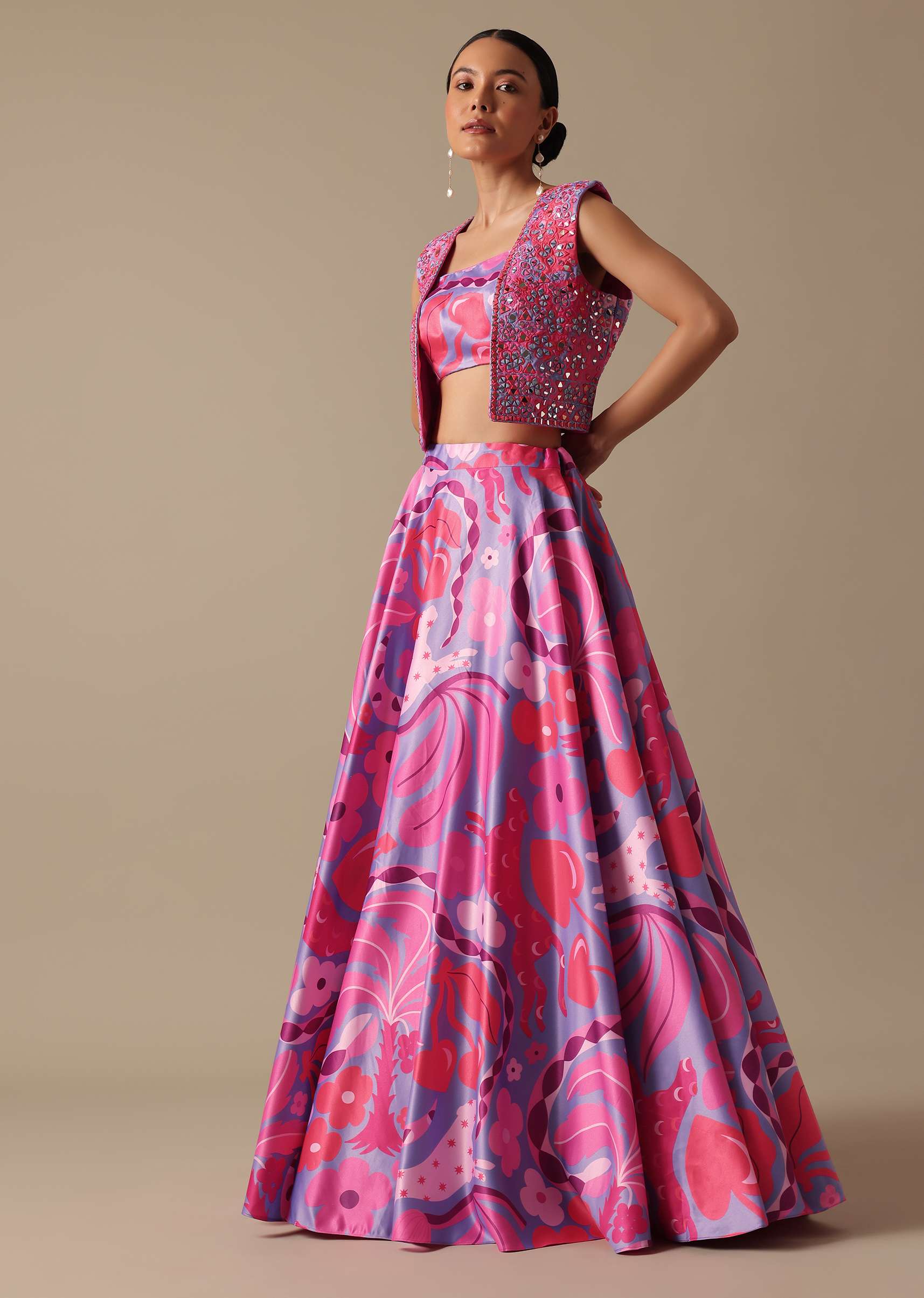 Pink Printed Lehenga Set With Mirror Work Jacket - Image 3