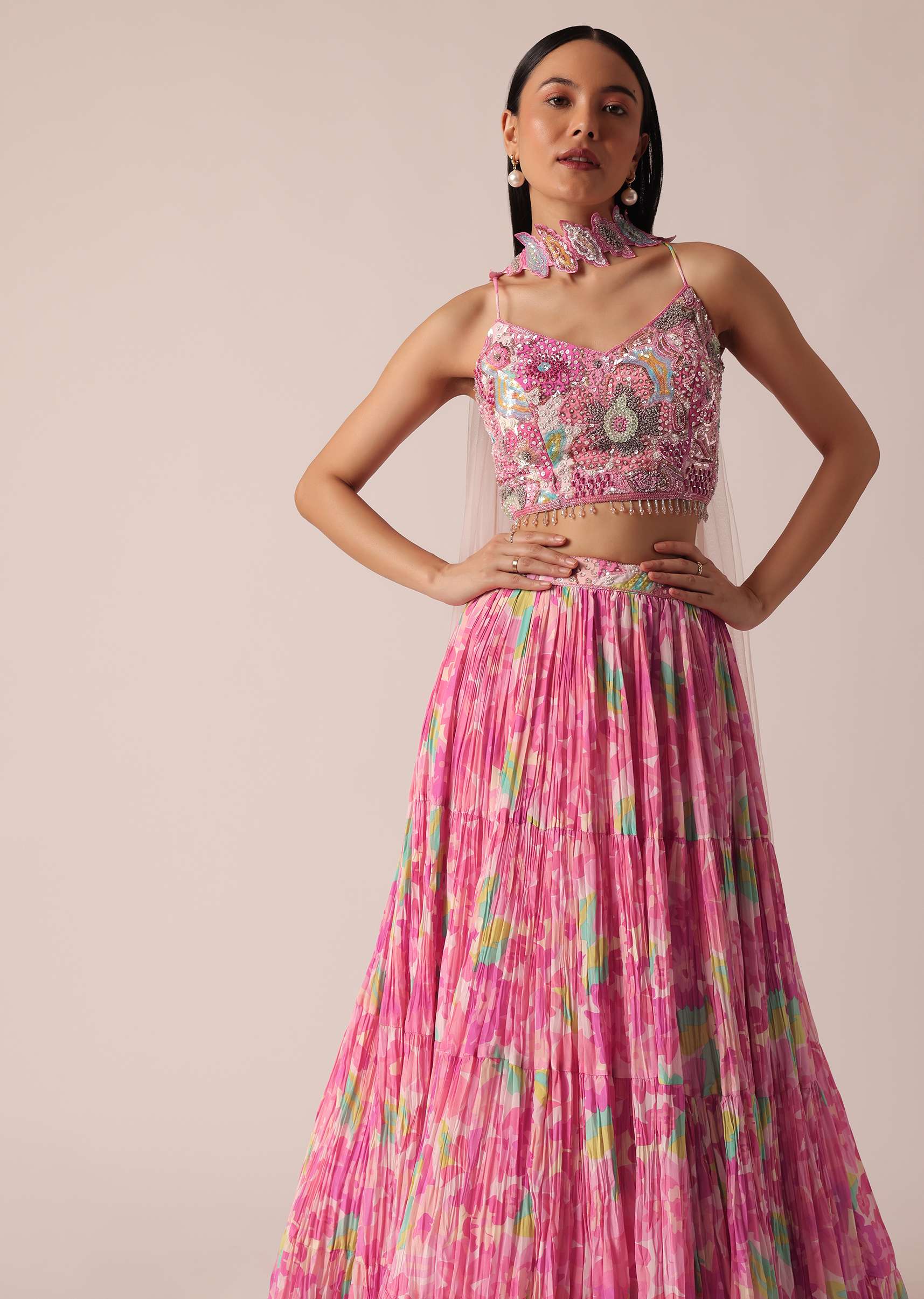 Pink Printed Lehenga Set With Ruffle Dupatta - Image 2