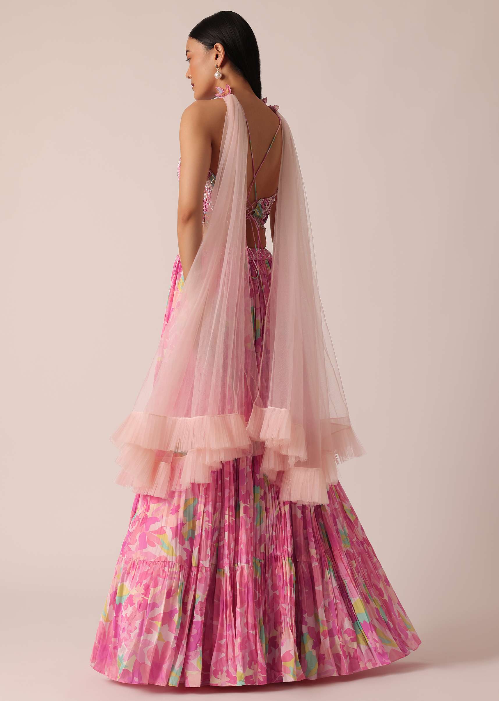 Pink Printed Lehenga Set With Ruffle Dupatta - Image 5