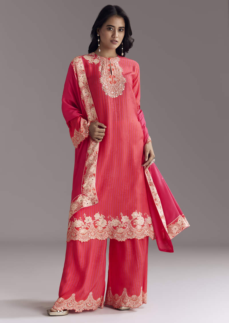 Pink Printed Palazzo Set With Mirror Work - Image 3