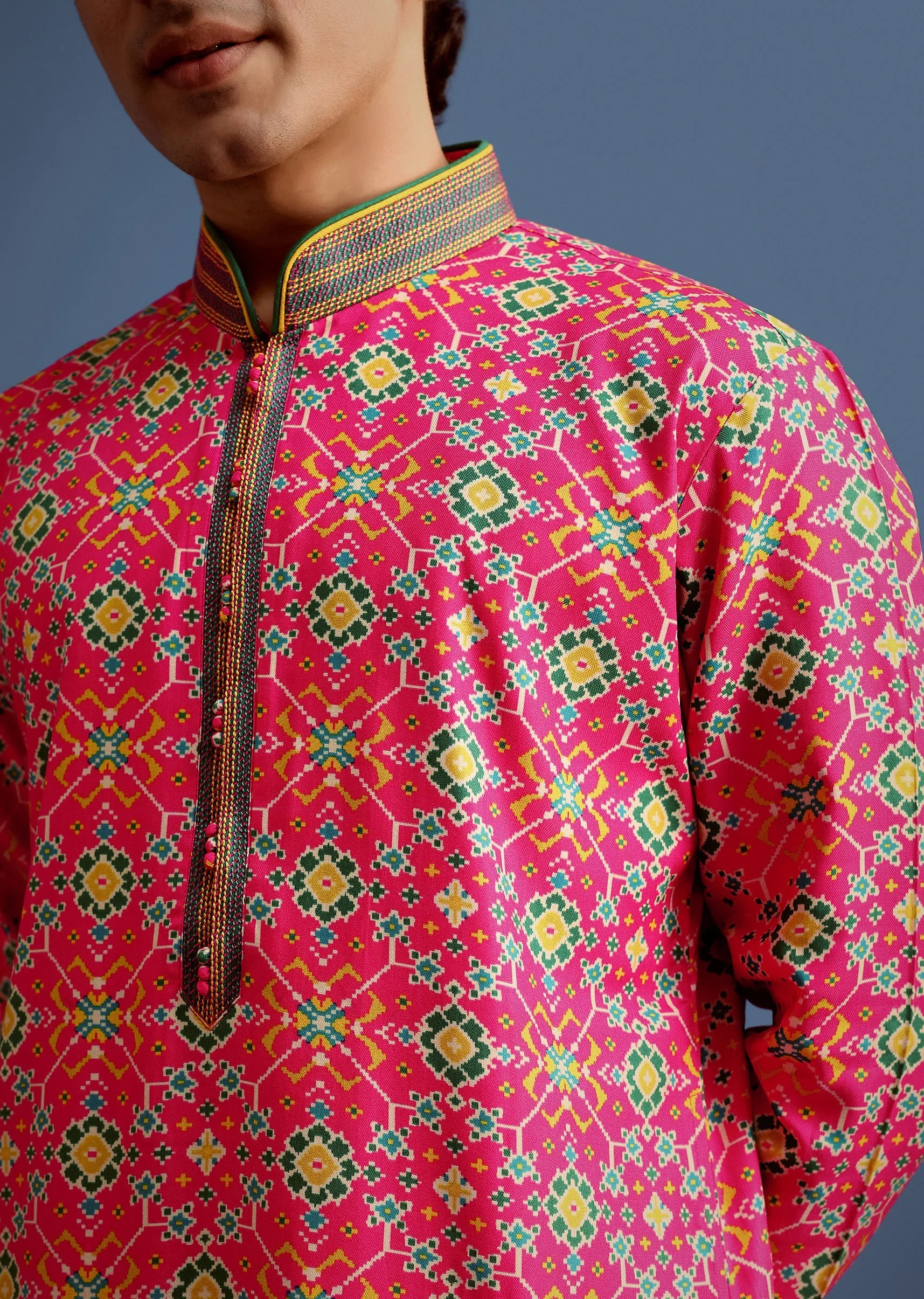 Pink Printed Pashmina Kurta Set For Men - Image 2
