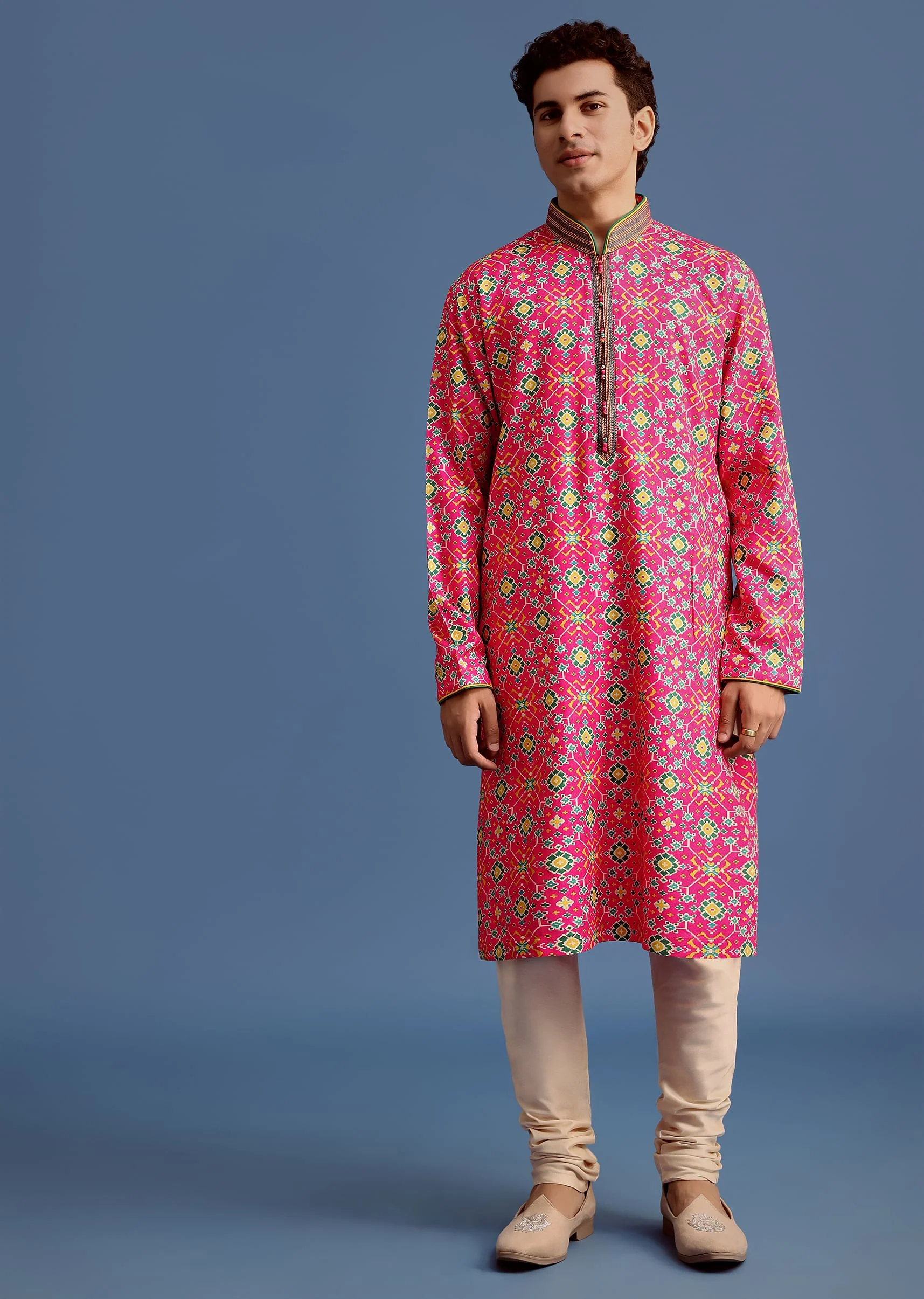 Pink Printed Pashmina Kurta Set For Men - Image 3