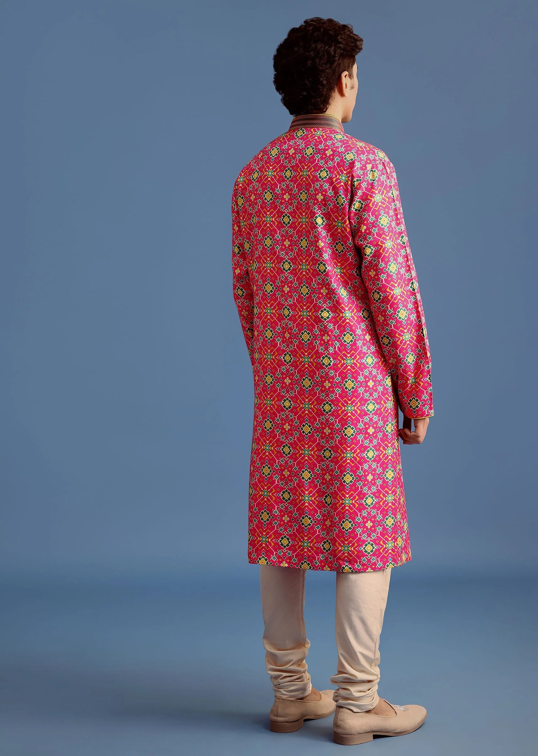 Pink Printed Pashmina Kurta Set For Men - Image 5