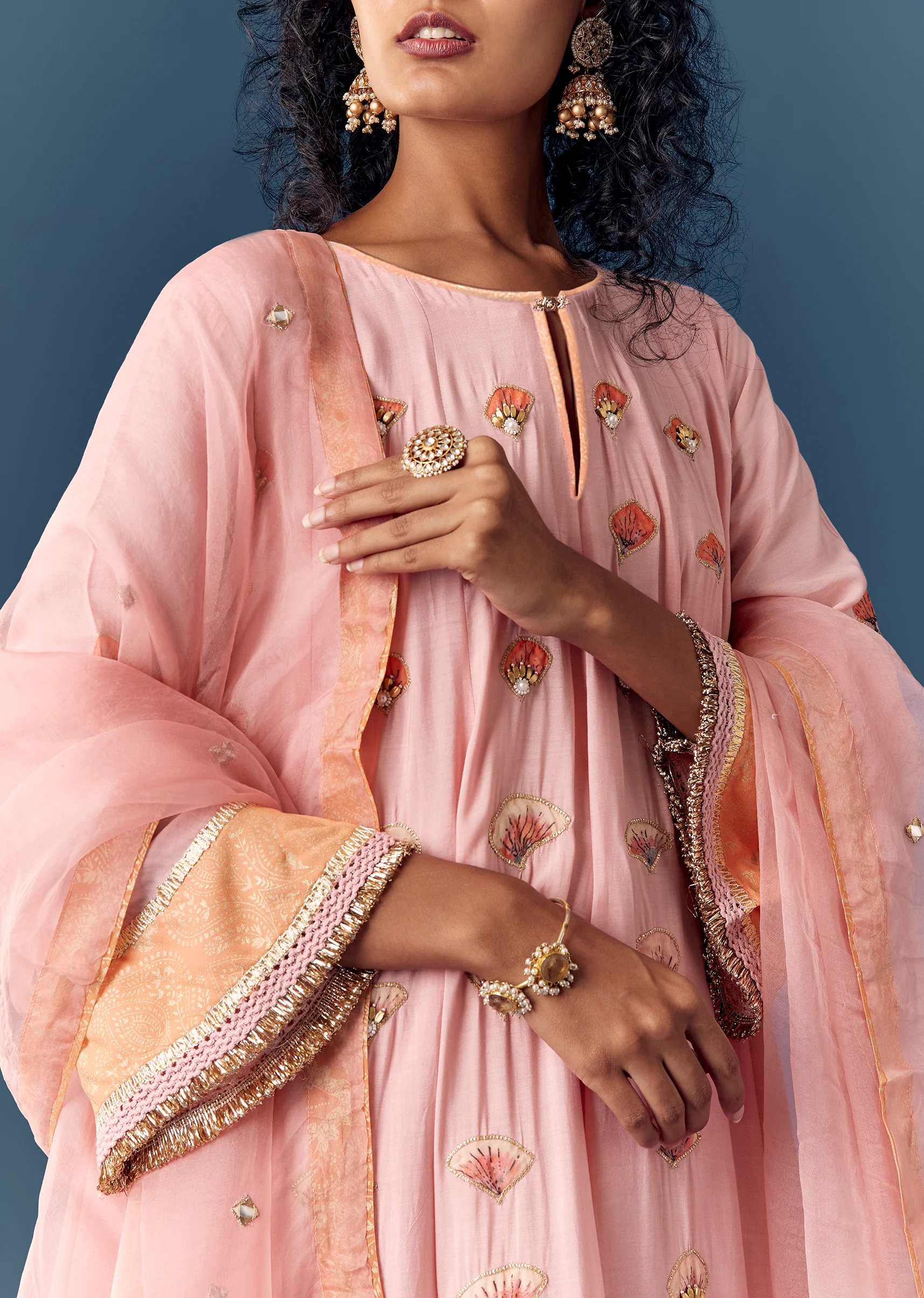Pink Printed Short Anarkali Pant Set With Dupatta - Image 2