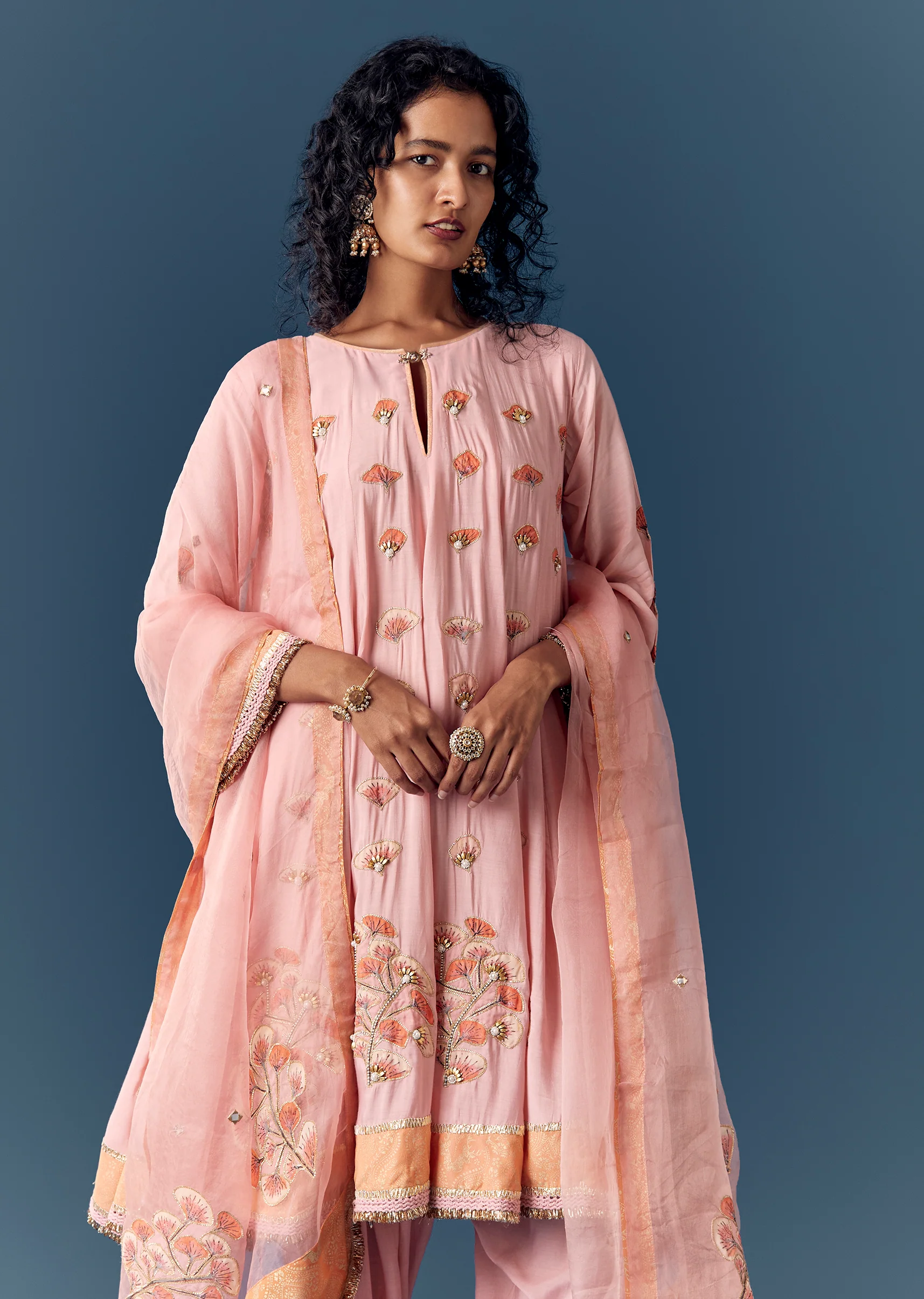Pink Printed Short Anarkali Pant Set With Dupatta - Image 4