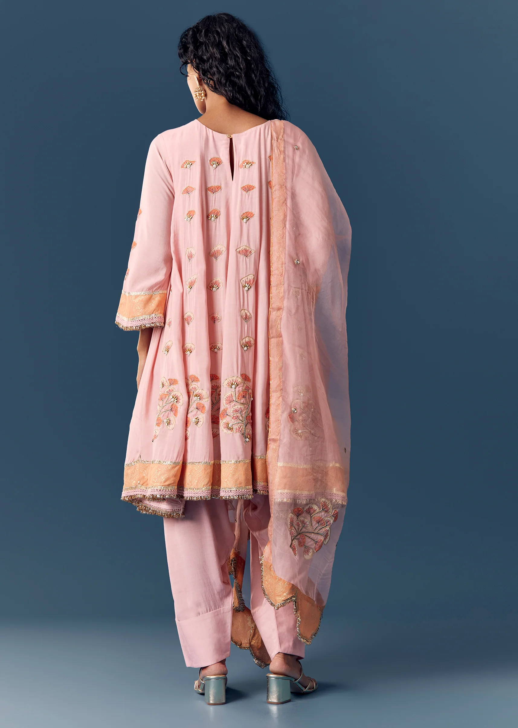 Pink Printed Short Anarkali Pant Set With Dupatta - Image 5