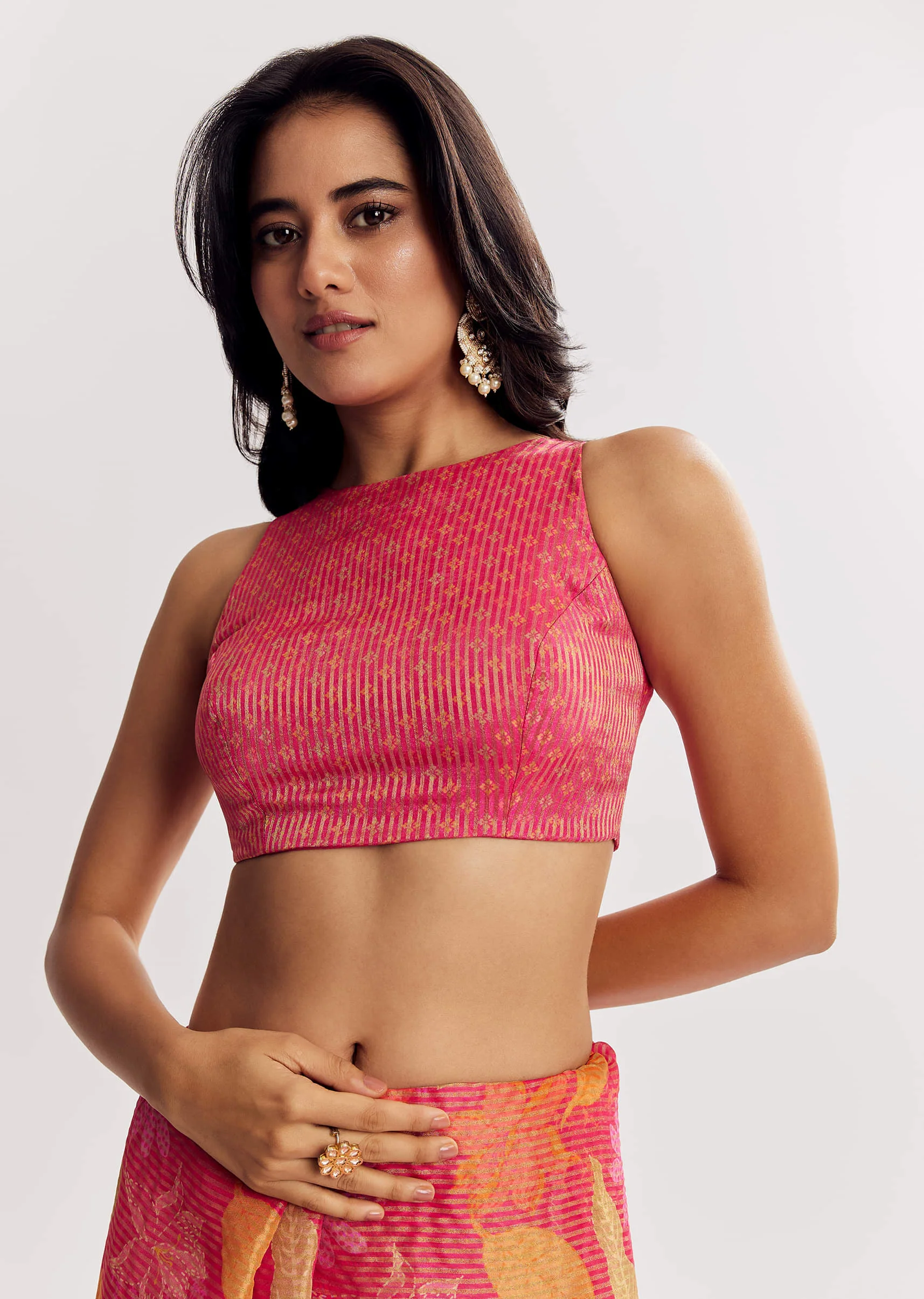 Pink Printed Tissue Lurex Saree With Zari Mirror And Cutdana Embroidery - Image 7