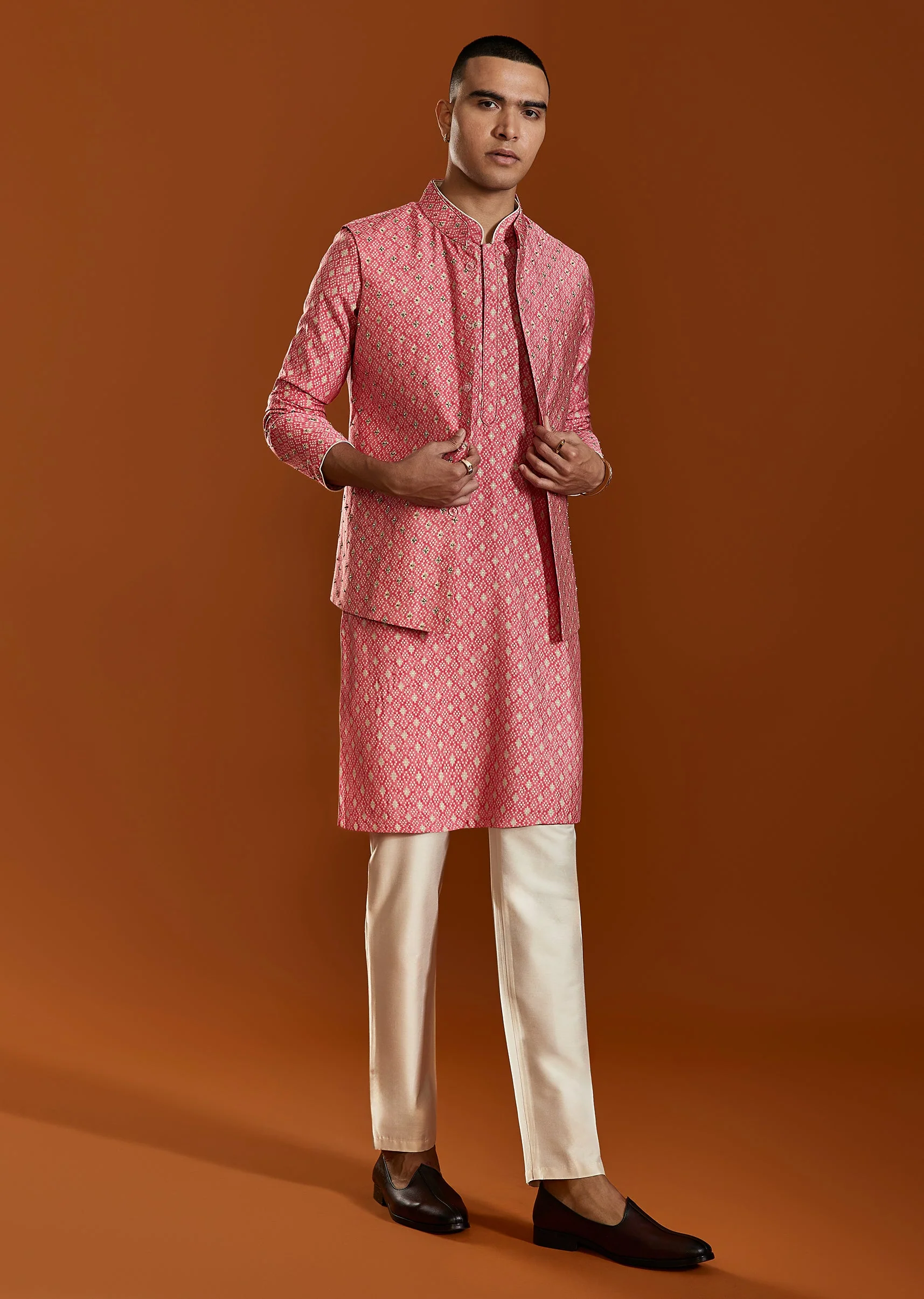 Pink Raw Silk Kurta Jacket Set