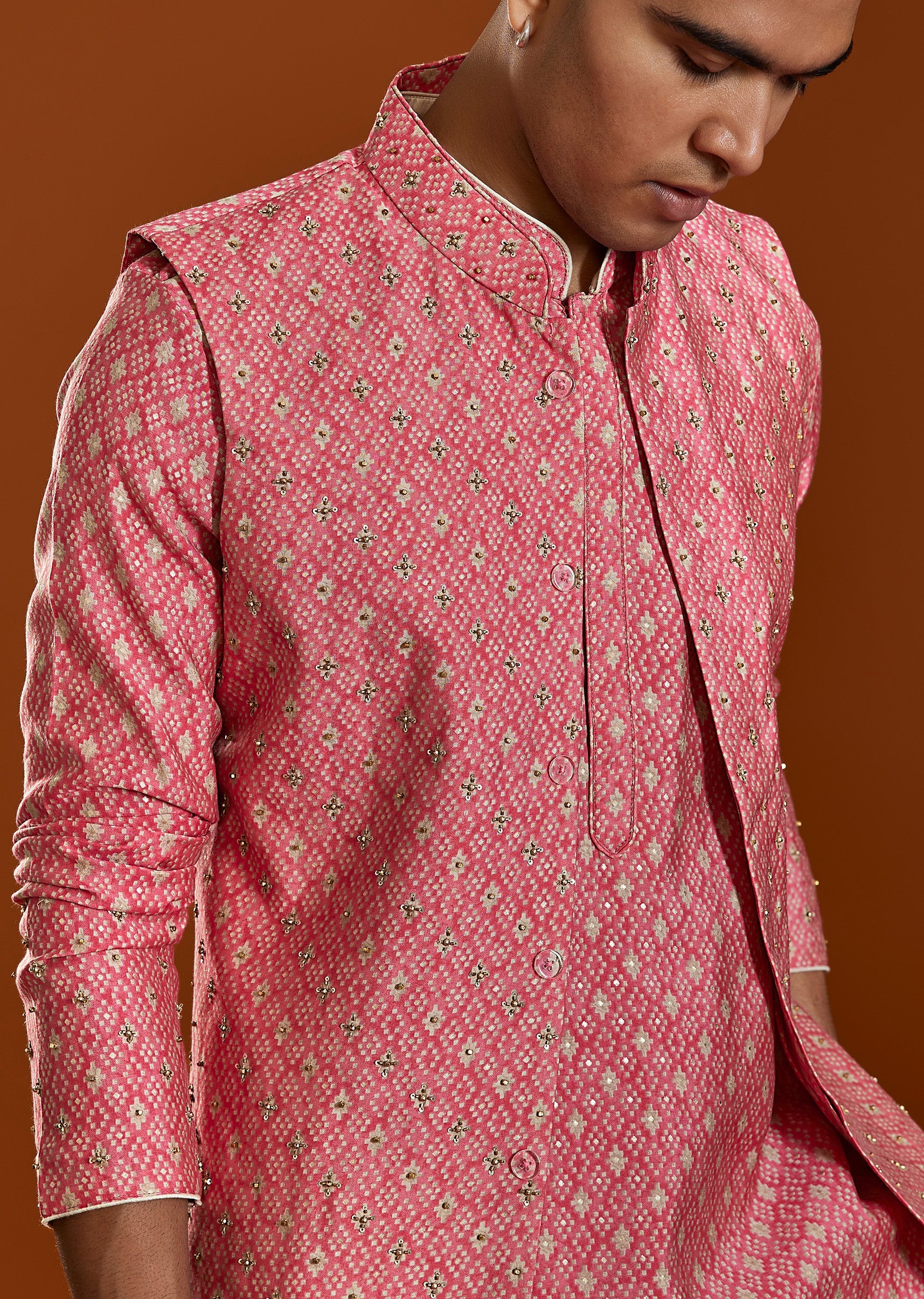 Pink Raw Silk Kurta Jacket Set - Image 2