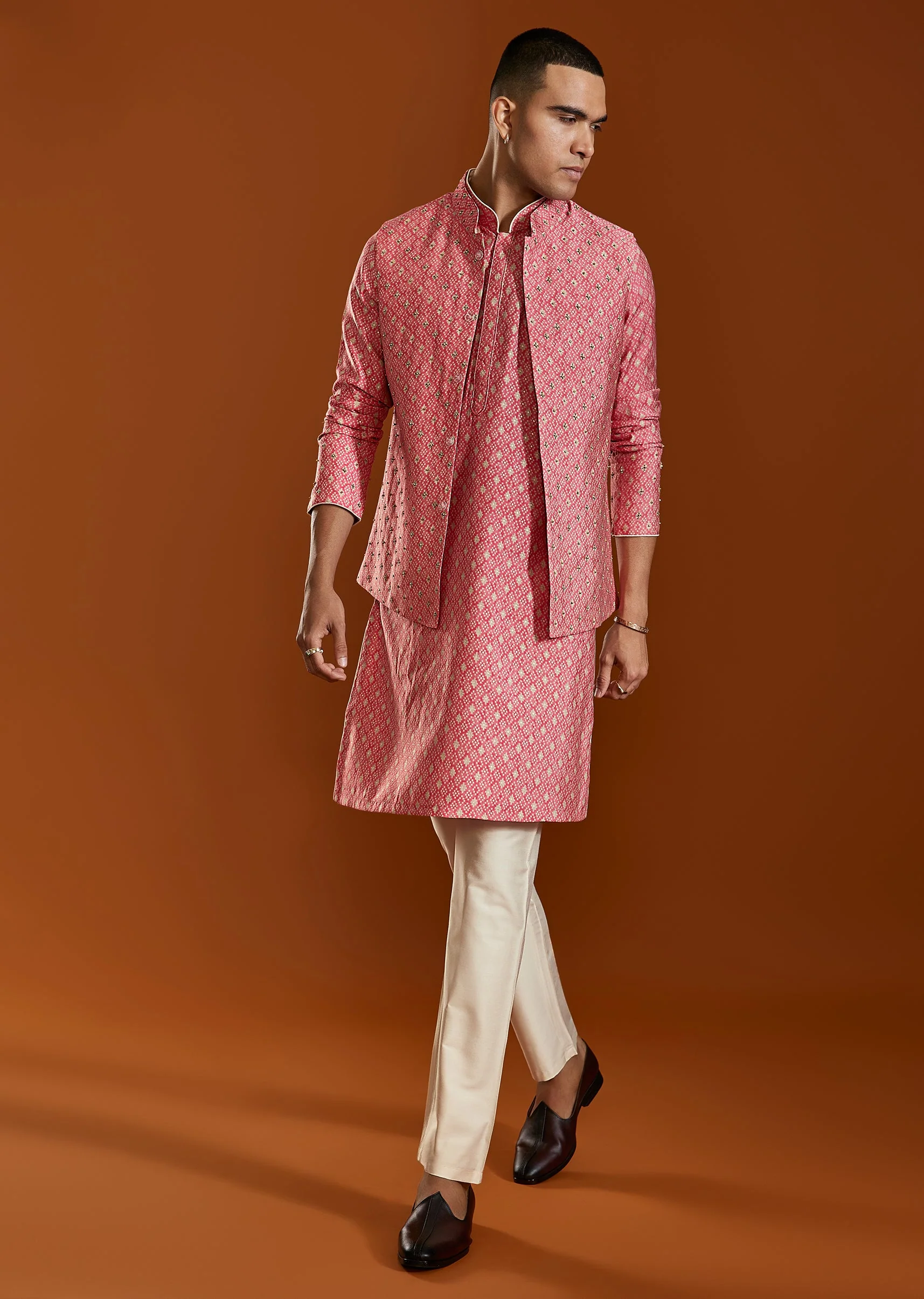 Pink Raw Silk Kurta Jacket Set - Image 3
