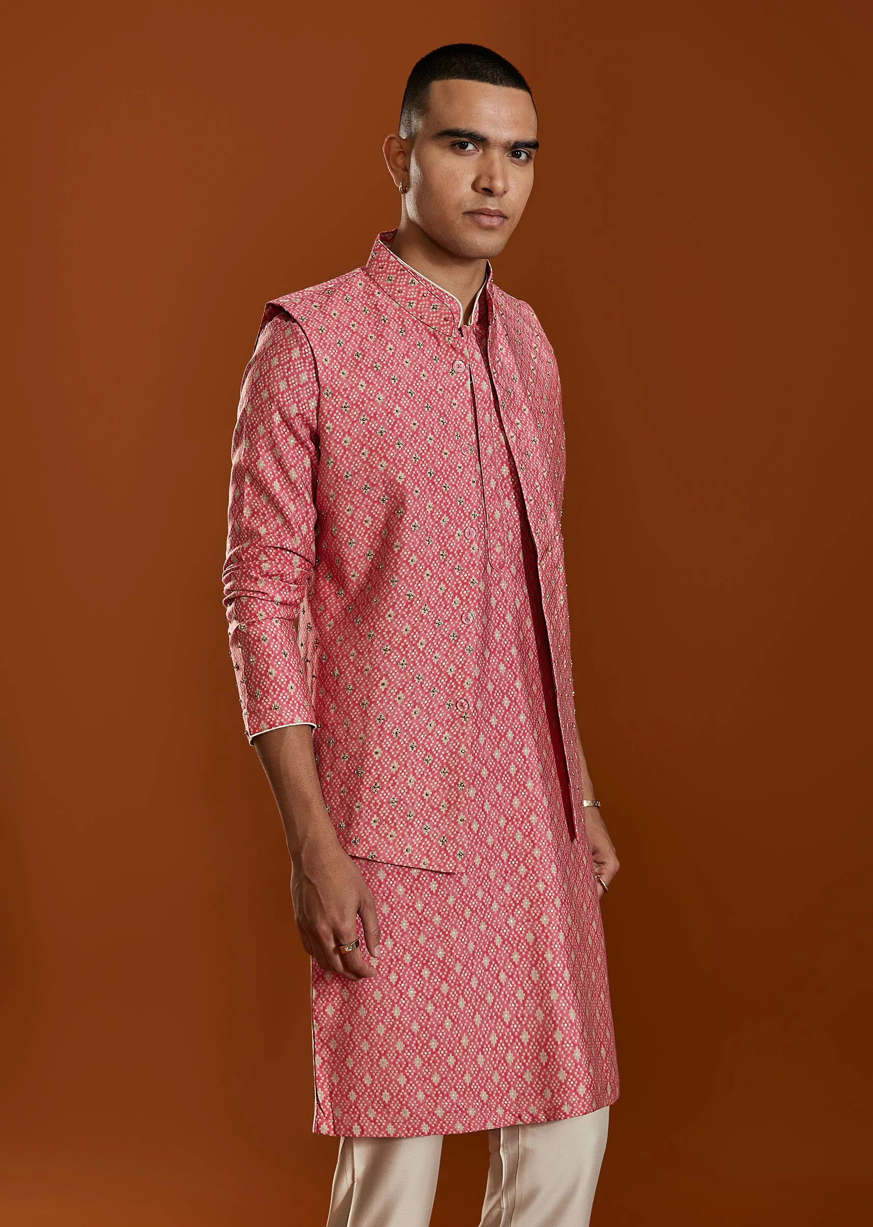 Pink Raw Silk Kurta Jacket Set - Image 4
