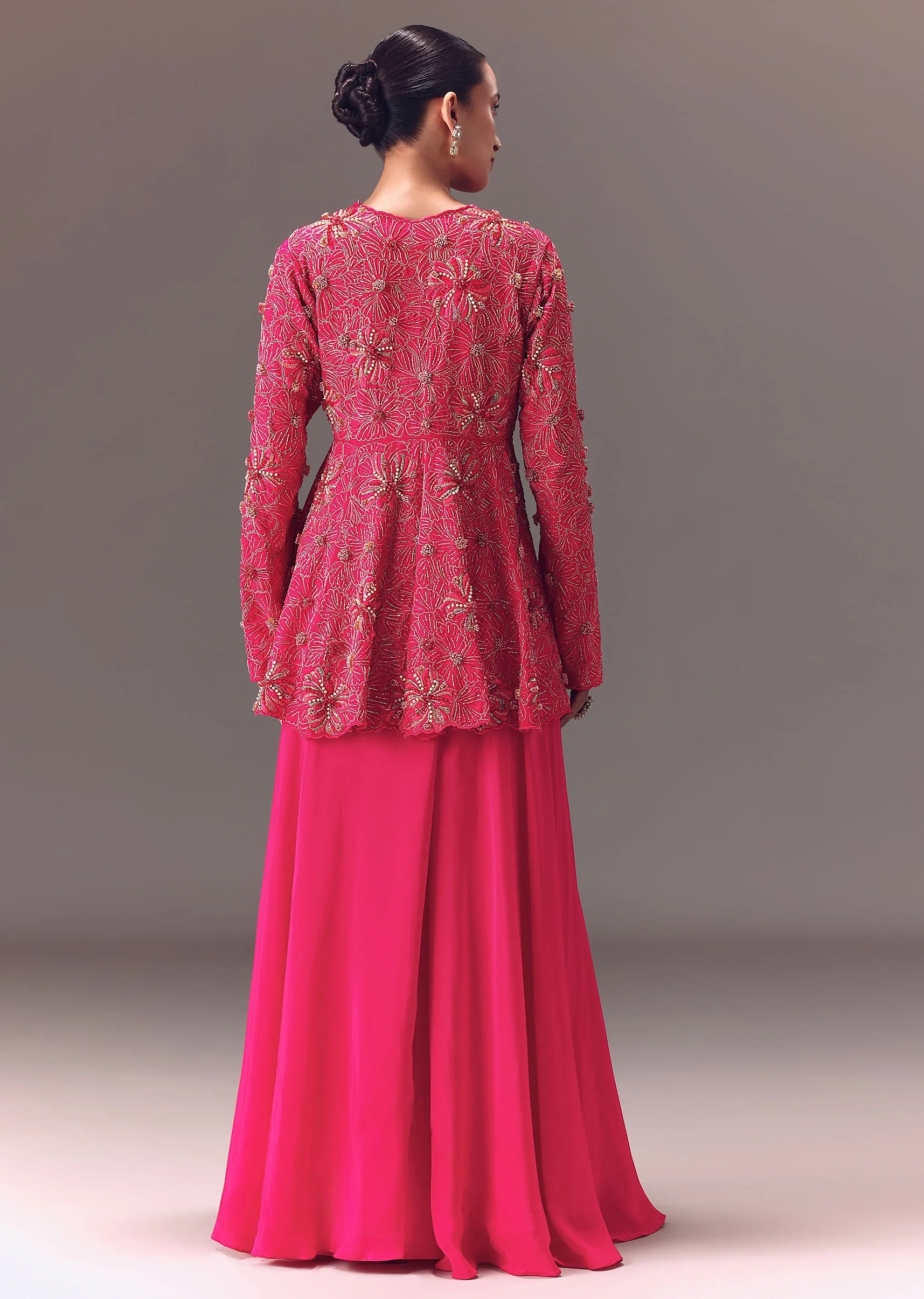 Pink Raw Silk Peplum With Double Circular Palazzo Pants - Image 5