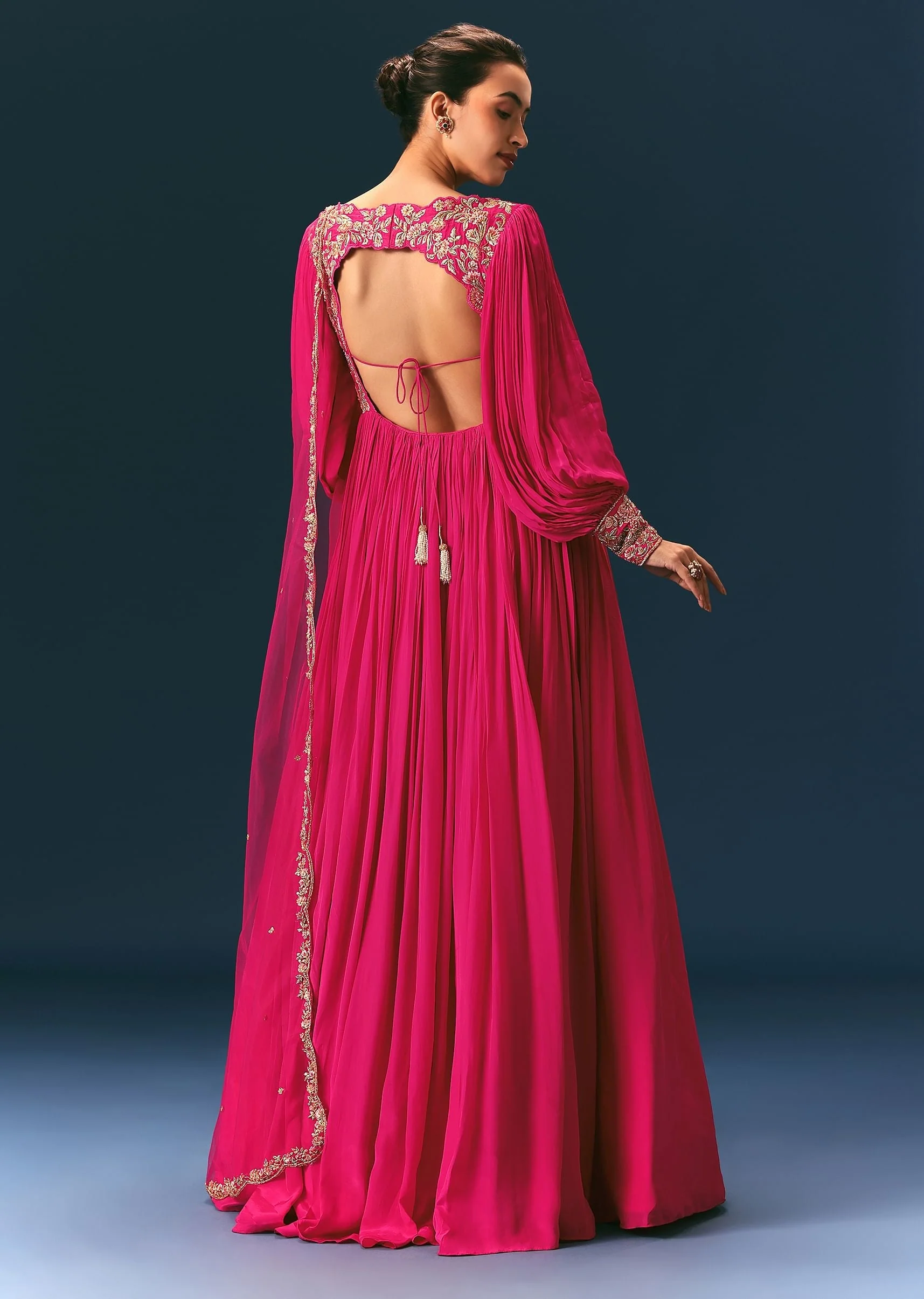 Pink Raw Silk Thread Embroidered Anarkali With Balloon Sleeves And Embroidered Dupatta - Image 5