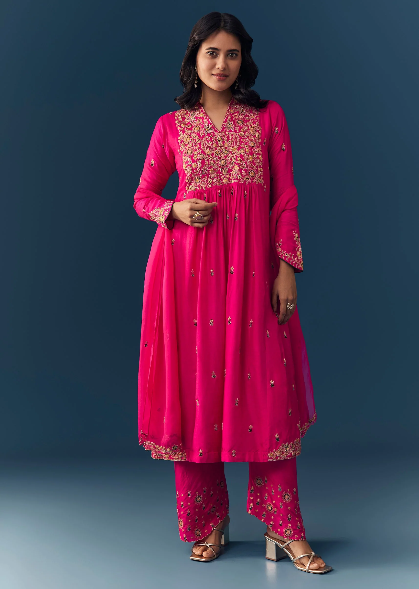 Pink Raw Silk Zari Embroidered Anarkali Set