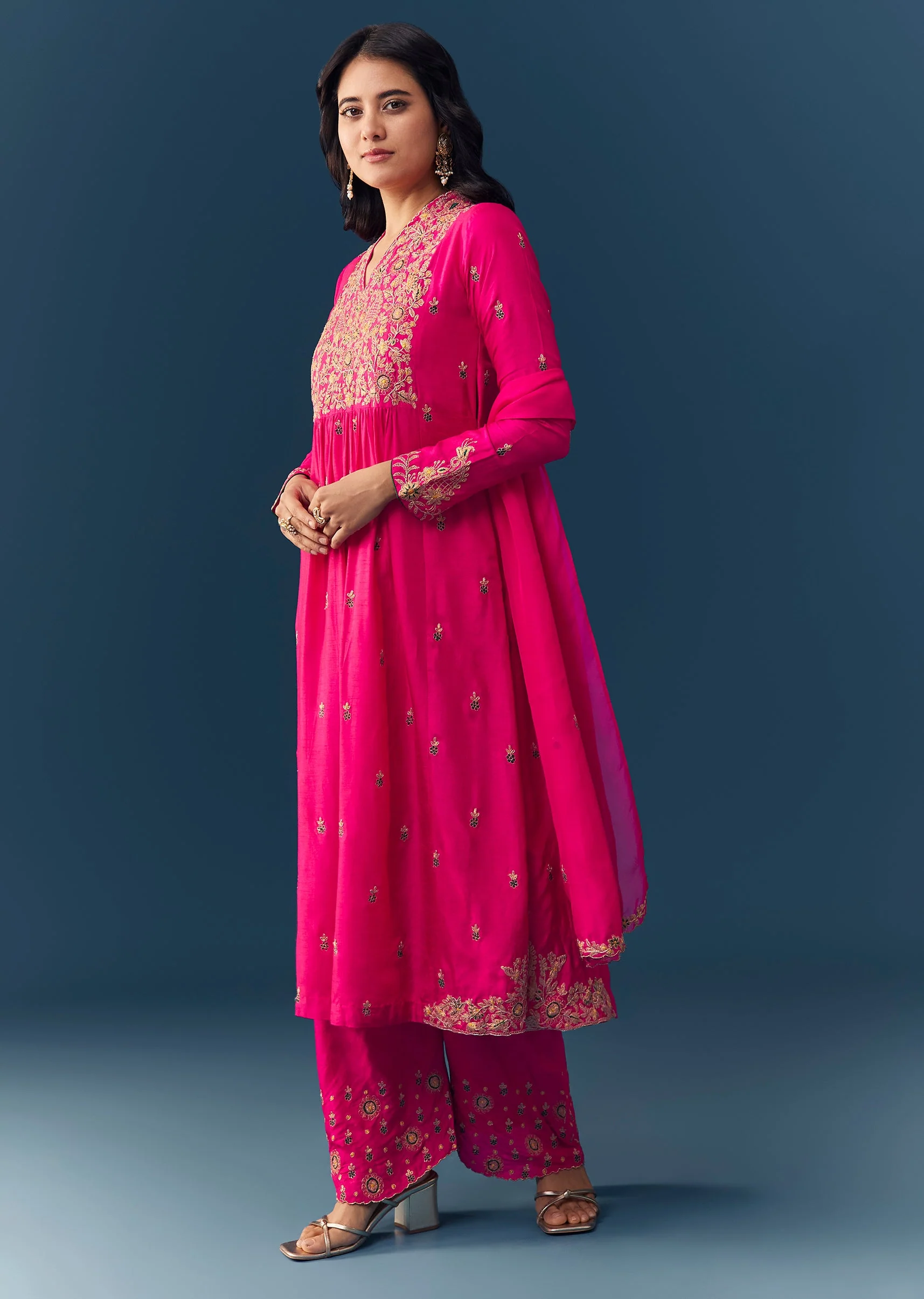 Pink Raw Silk Zari Embroidered Anarkali Set - Image 3