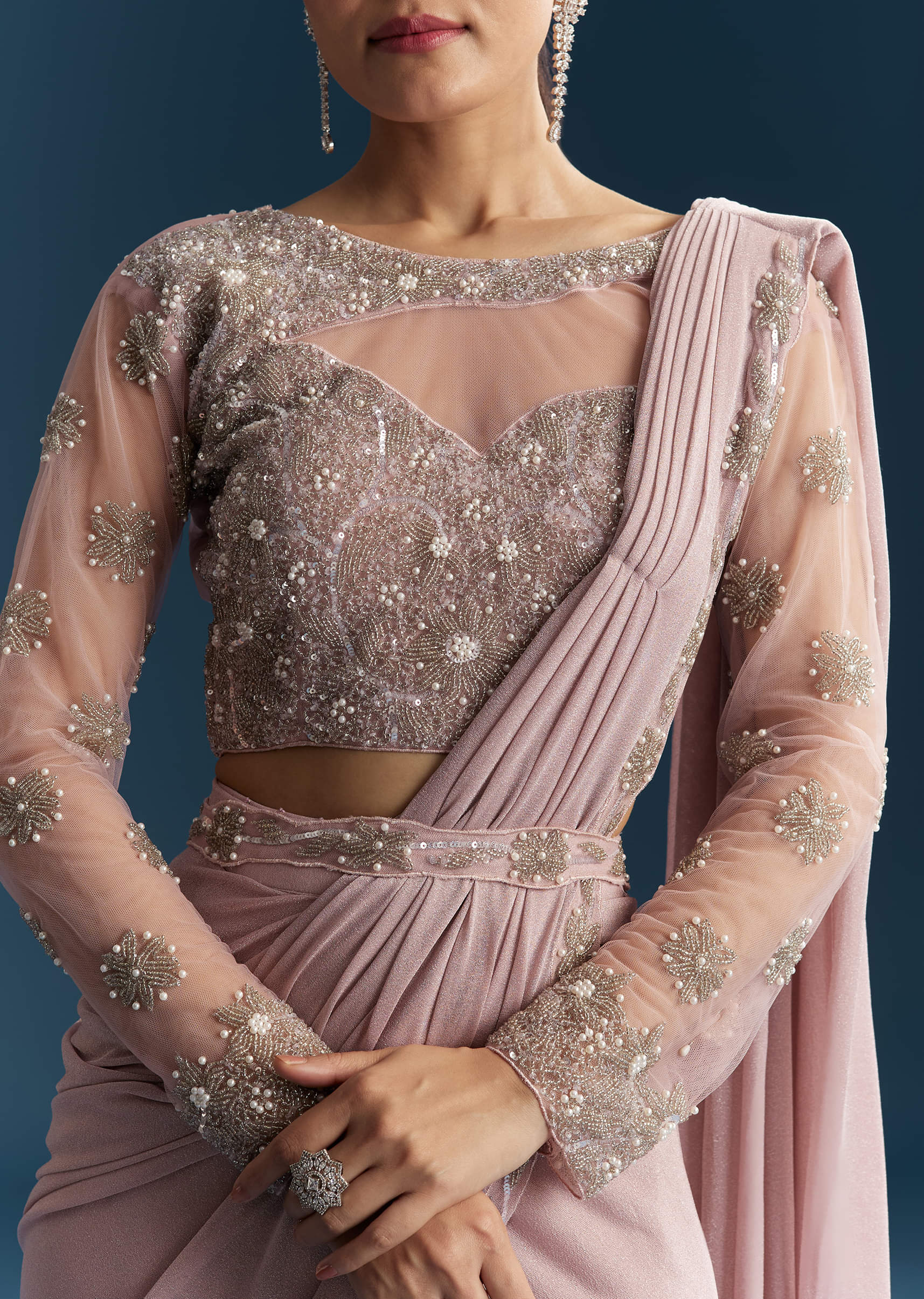 Pink Ready Pleated Saree With Beads And Moti Work - Image 2