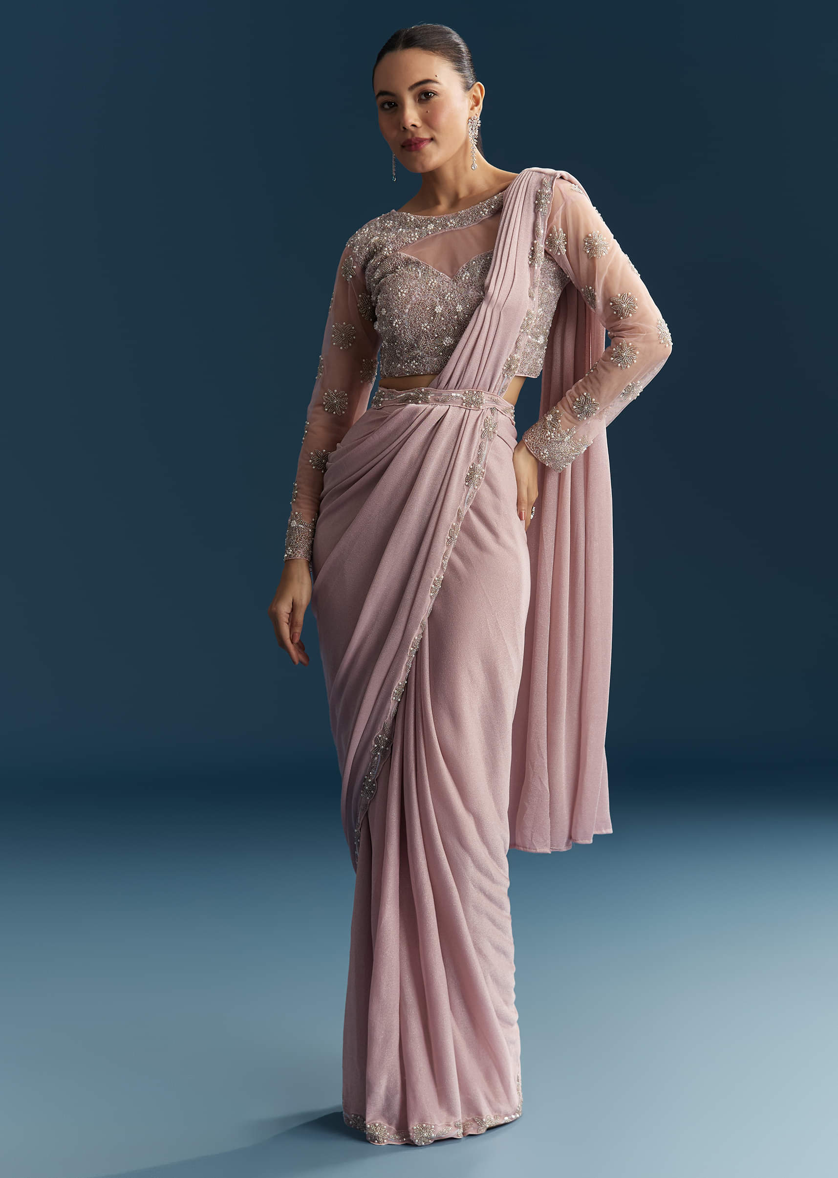 Pink Ready Pleated Saree With Beads And Moti Work - Image 3