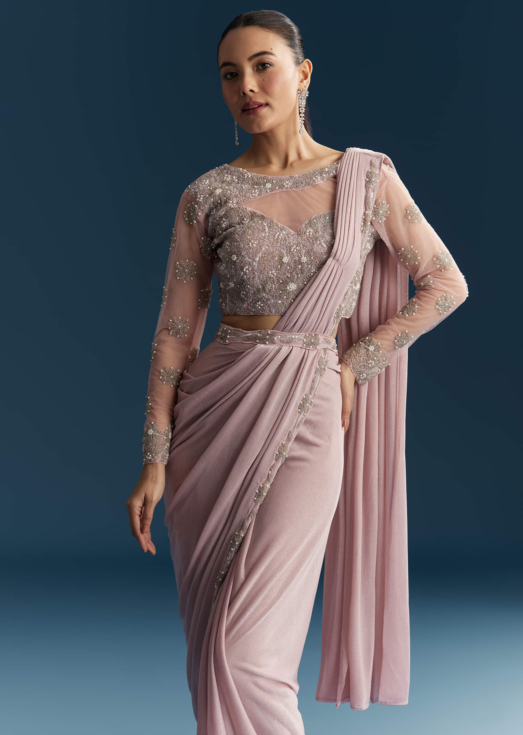 Pink Ready Pleated Saree With Beads And Moti Work - Image 4