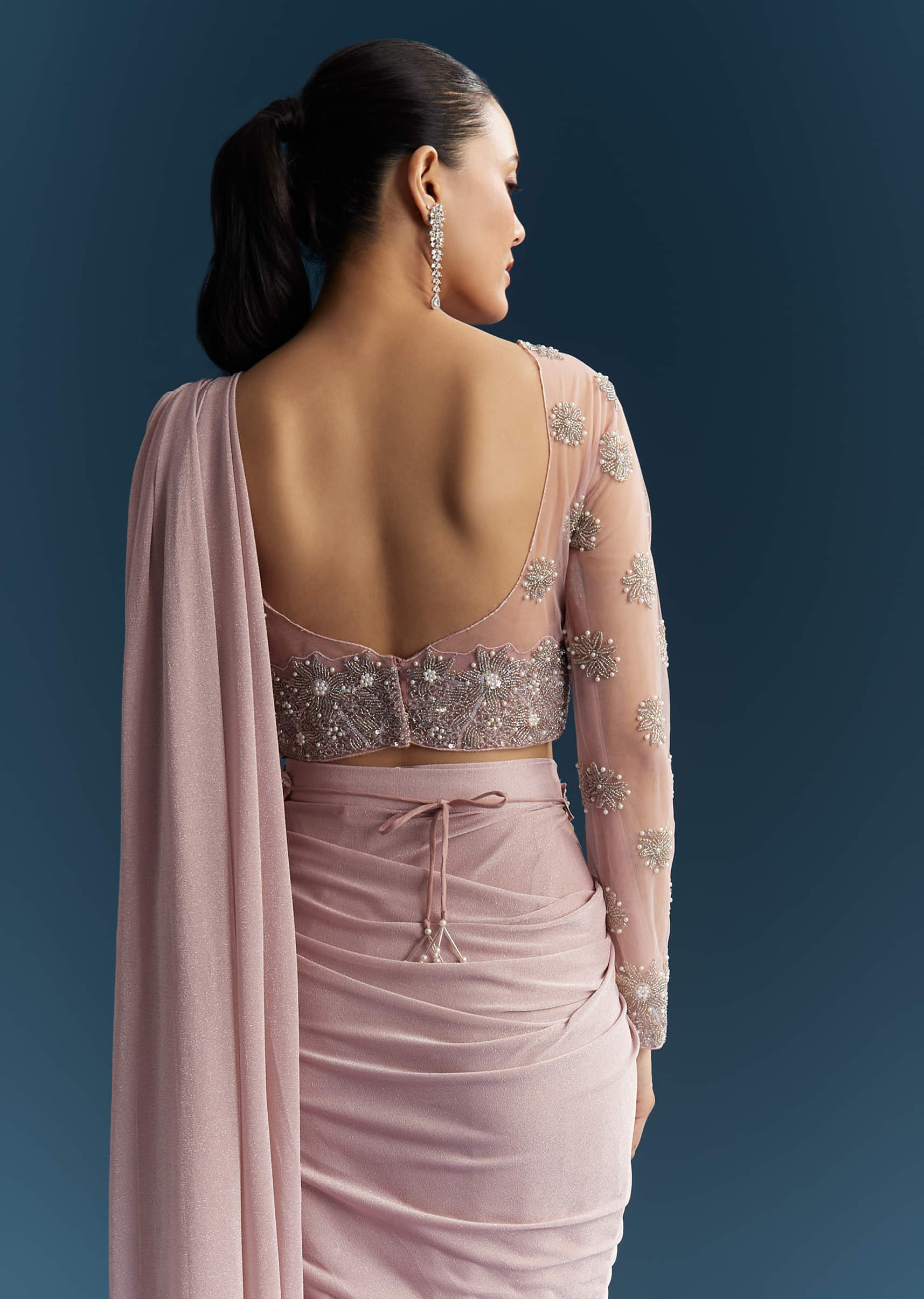 Pink Ready Pleated Saree With Beads And Moti Work - Image 5