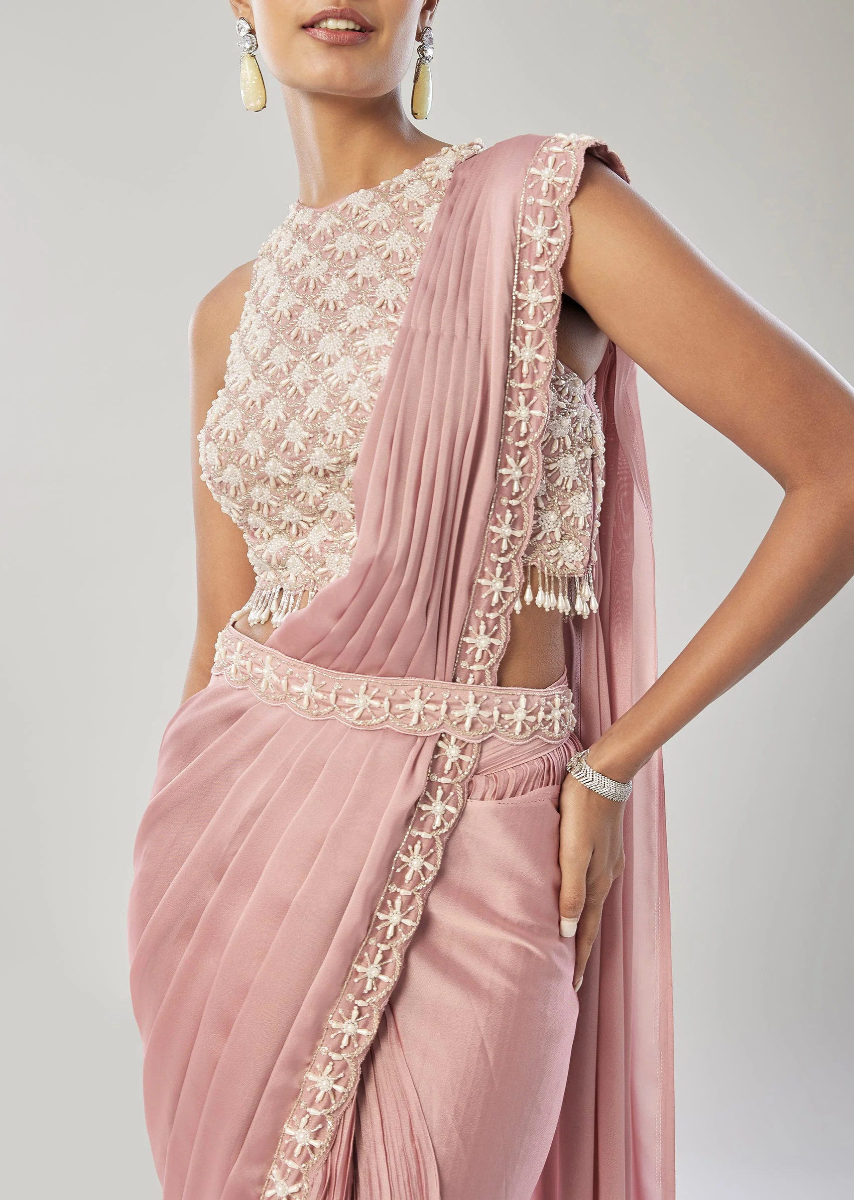 Pink Ready Pleated Saree With Belt - Image 2
