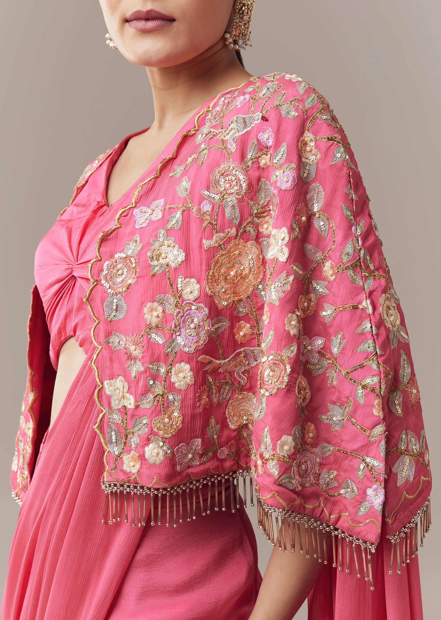 Pink Ready Pleated Saree With Cape Blouse And Resham And Sequins Work - Image 2