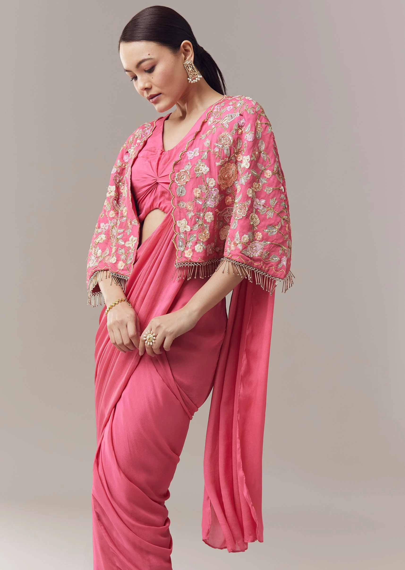 Pink Ready Pleated Saree With Cape Blouse And Resham And Sequins Work - Image 4