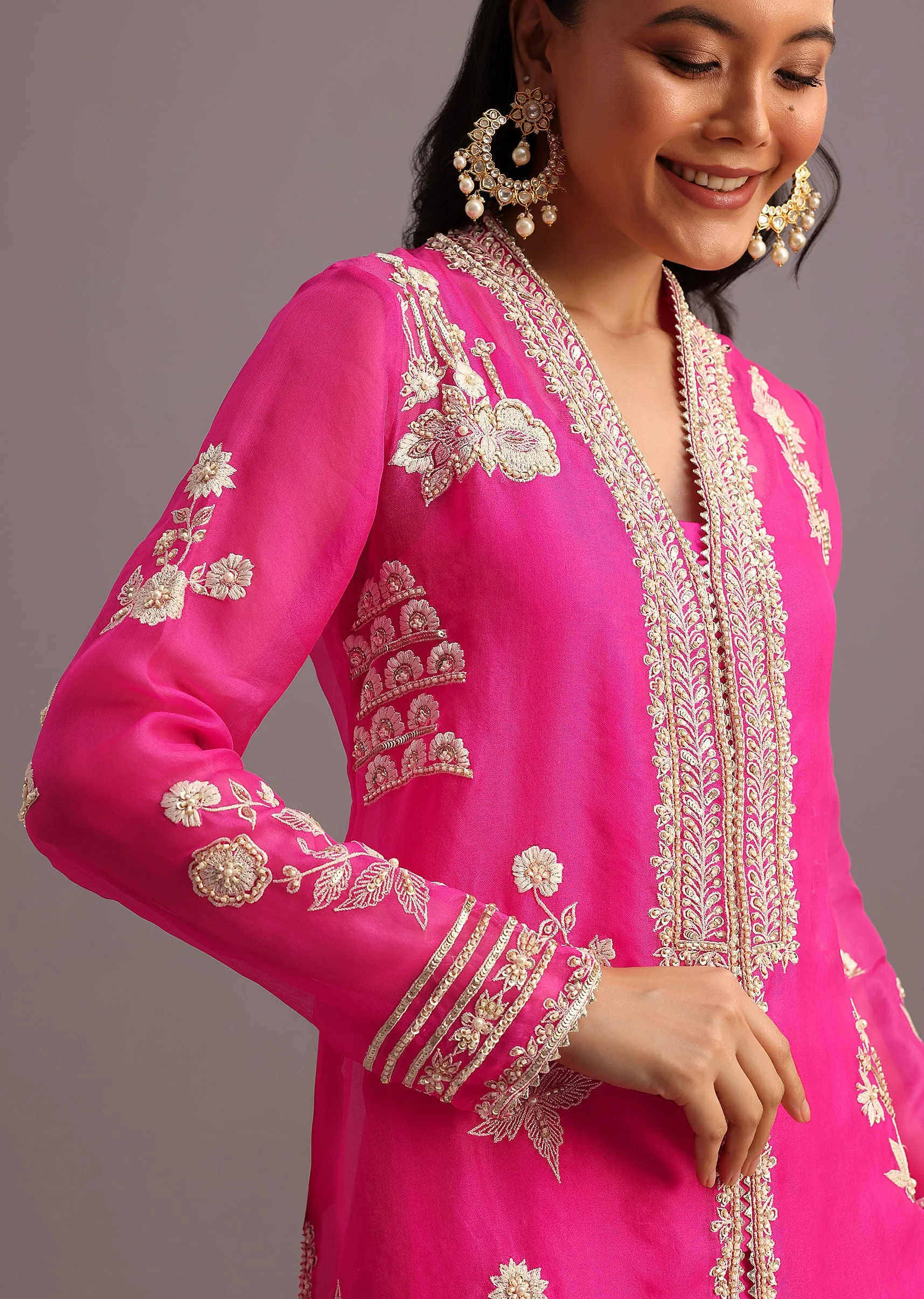 Pink Resham Work Kurti Palazzo Suit - Image 2