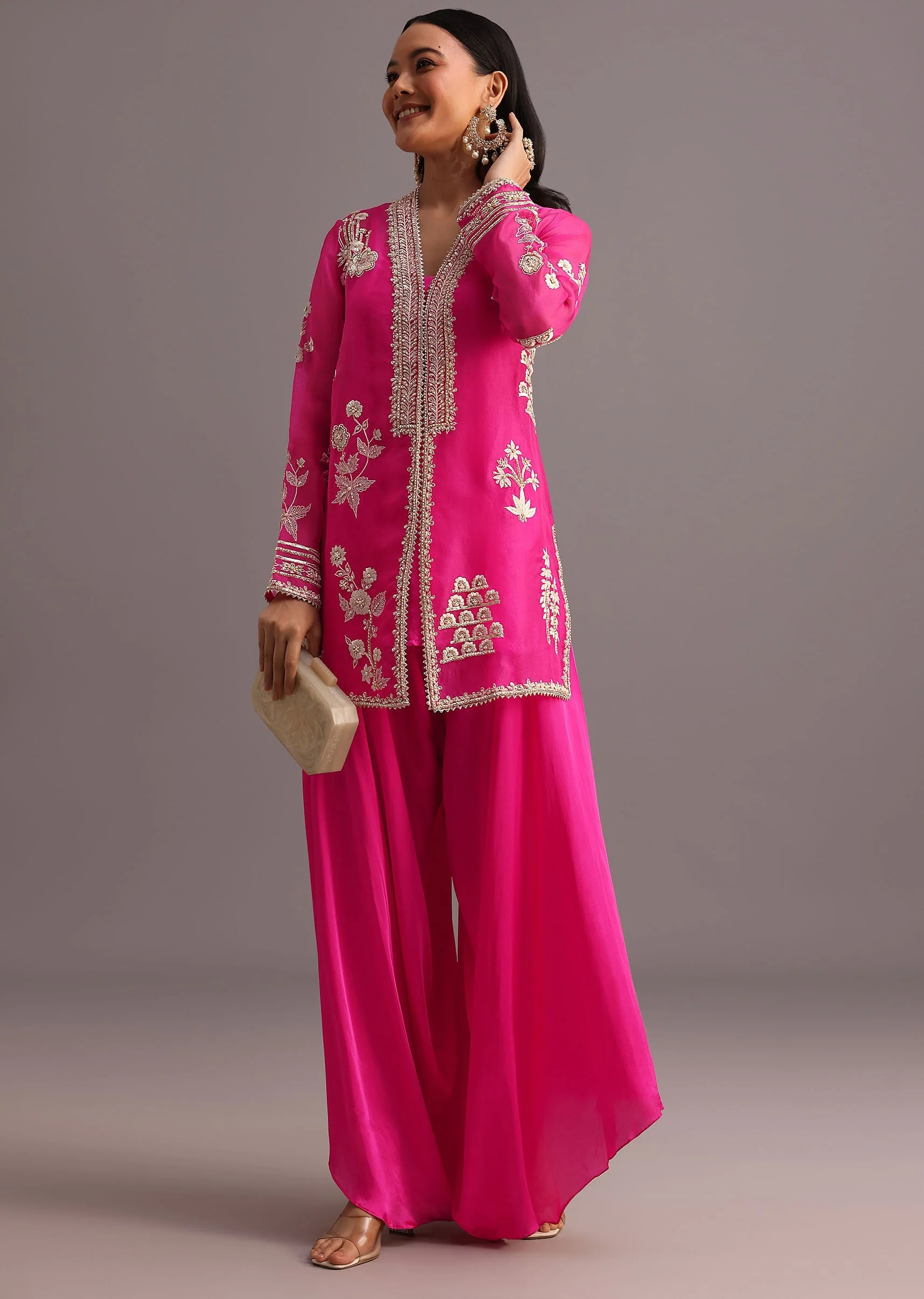 Pink Resham Work Kurti Palazzo Suit - Image 3