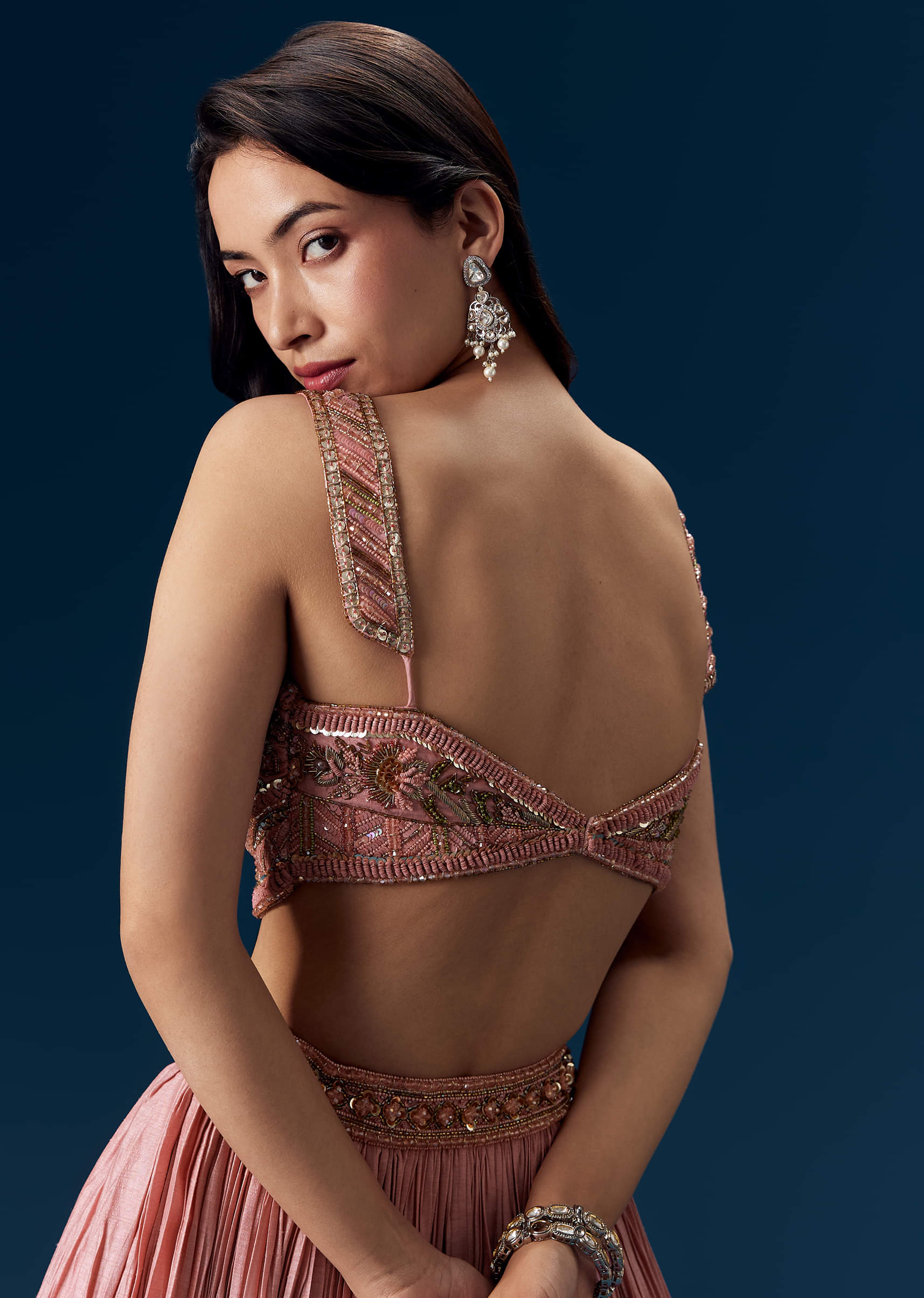 Pink Ruched Bridesmaid Lehega with Choker Dupatta - Image 6